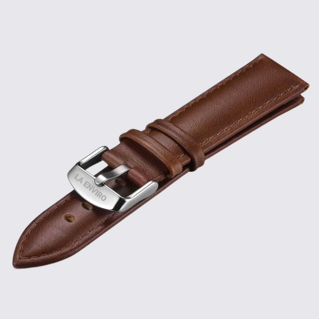 Brown Vegan Leather Strap with stainless steel buckle, 20mm width, showcasing its soft texture and elegant design.