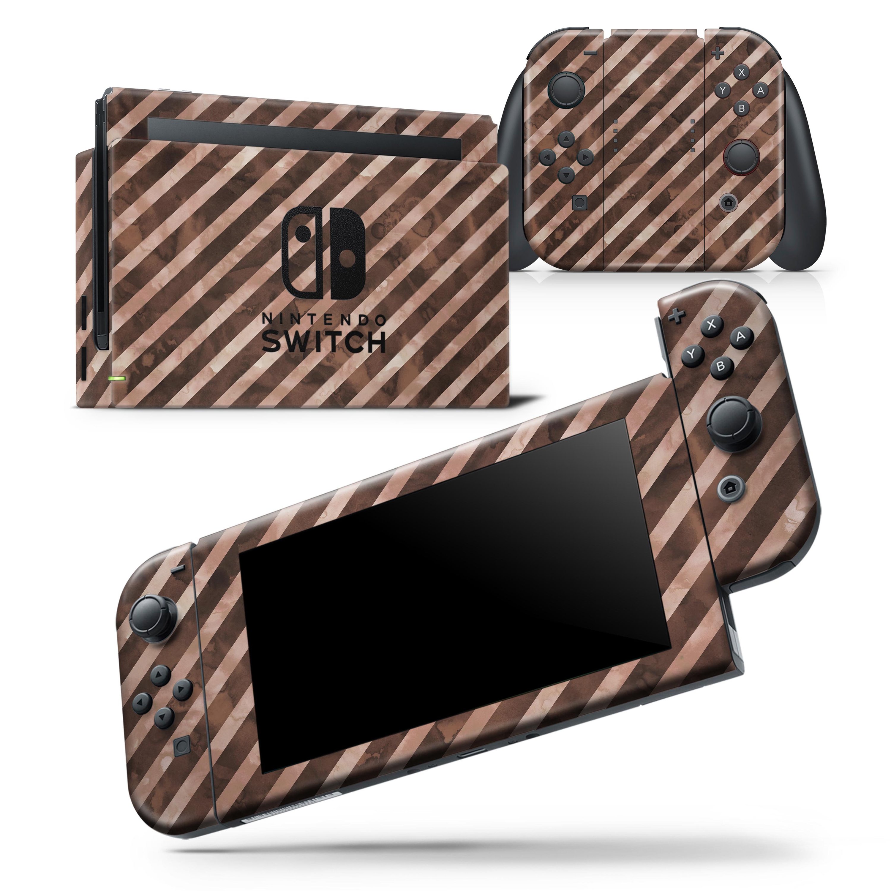 Brown Watercolor Diagonal Stripes skin wrap decal for Nintendo Switch, showcasing a stylish design that fits snugly on the console and controllers.