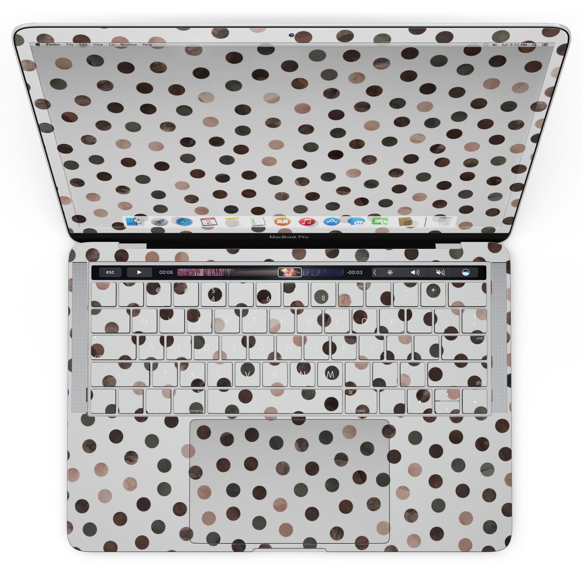 Brown watercolor dots skin for MacBook Pro with Touch Bar, showcasing a stylish design on a white background.