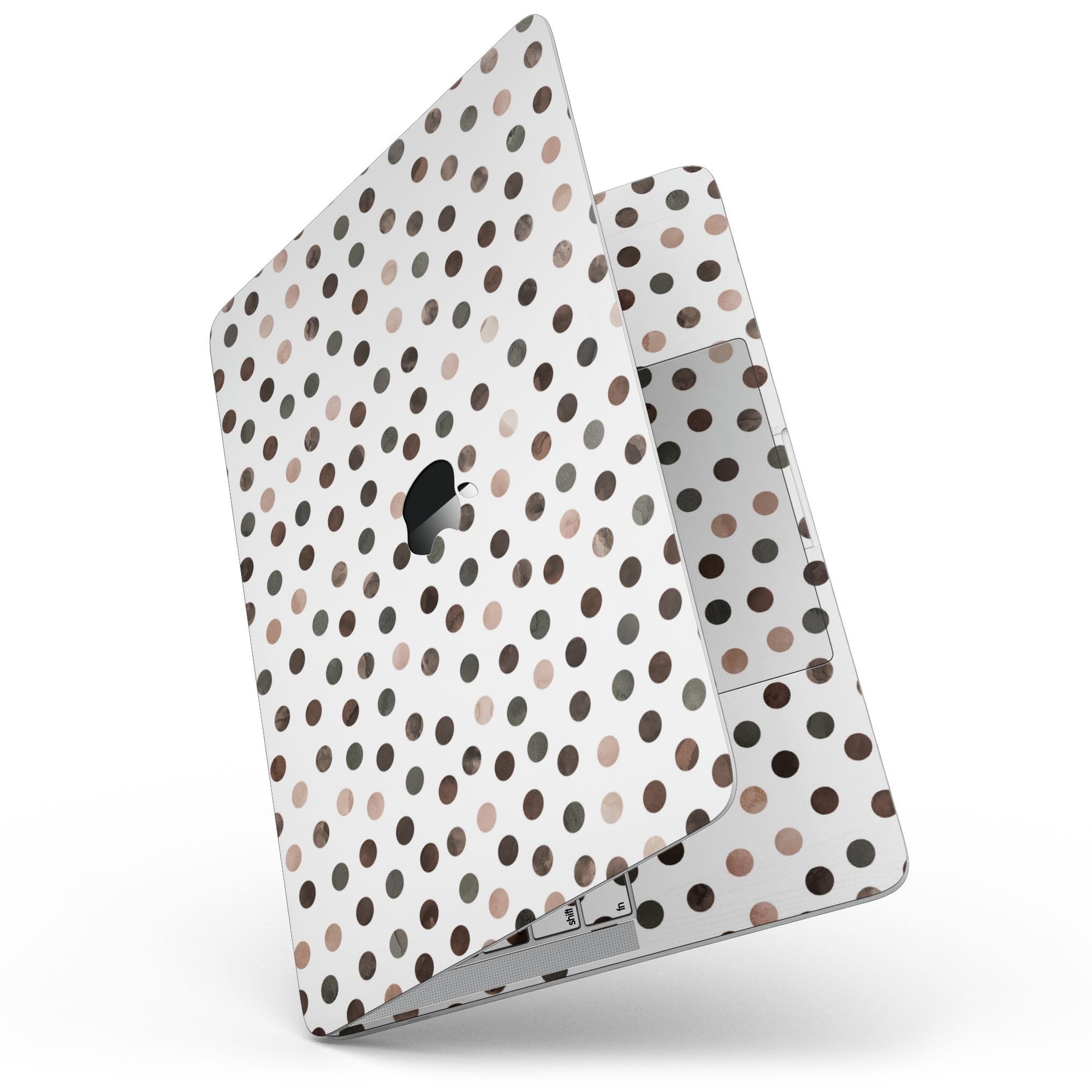 Brown watercolor dots skin for MacBook Pro with Touch Bar, showcasing a stylish design on a white background.