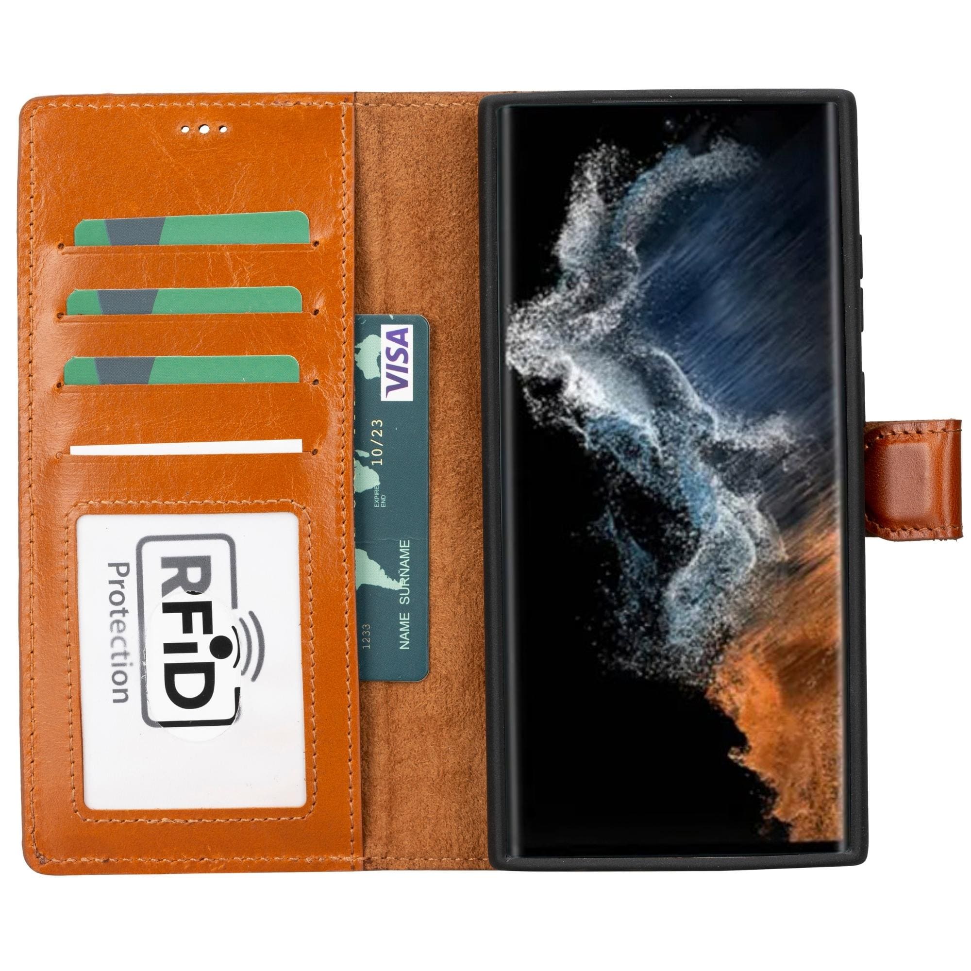 Buffalo Samsung Galaxy S20 Series Detachable Leather Wallet Case showcasing its sleek design, card compartments, and kickstand feature.