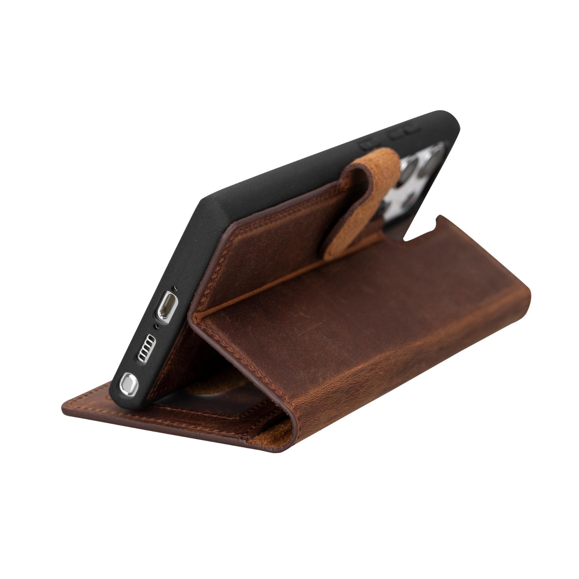 Buffalo Samsung Galaxy S20 Series Detachable Leather Wallet Case showcasing its sleek design, card compartments, and kickstand feature.