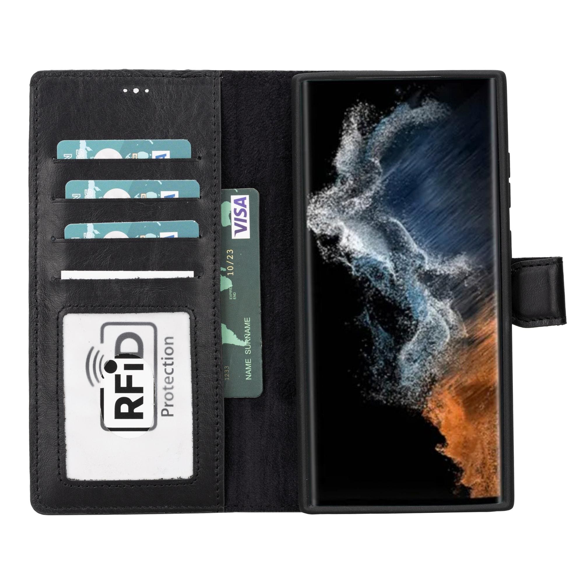 Buffalo Samsung Galaxy S20 Series Detachable Leather Wallet Case showcasing its sleek design, card compartments, and kickstand feature.