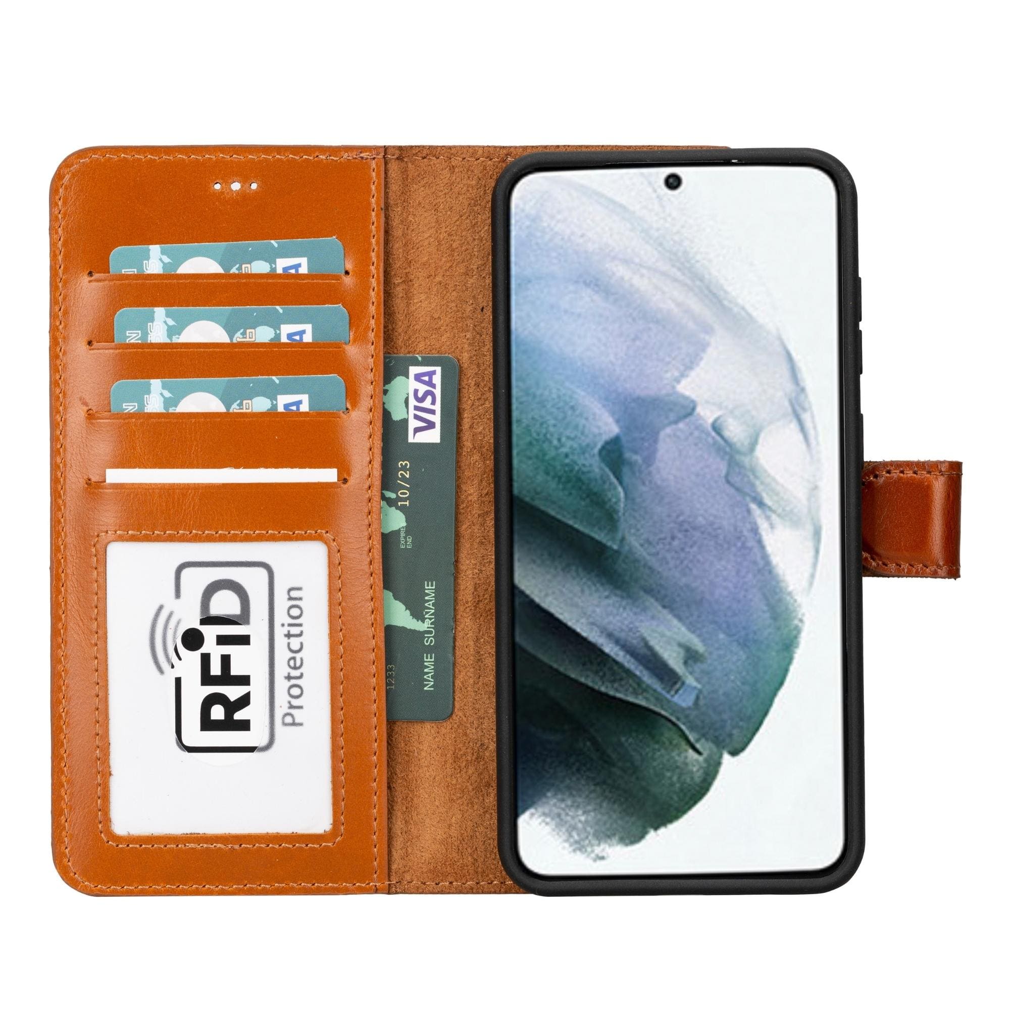 Buffalo Samsung Galaxy S20 Series Detachable Leather Wallet Case showcasing its sleek design, card compartments, and kickstand feature.