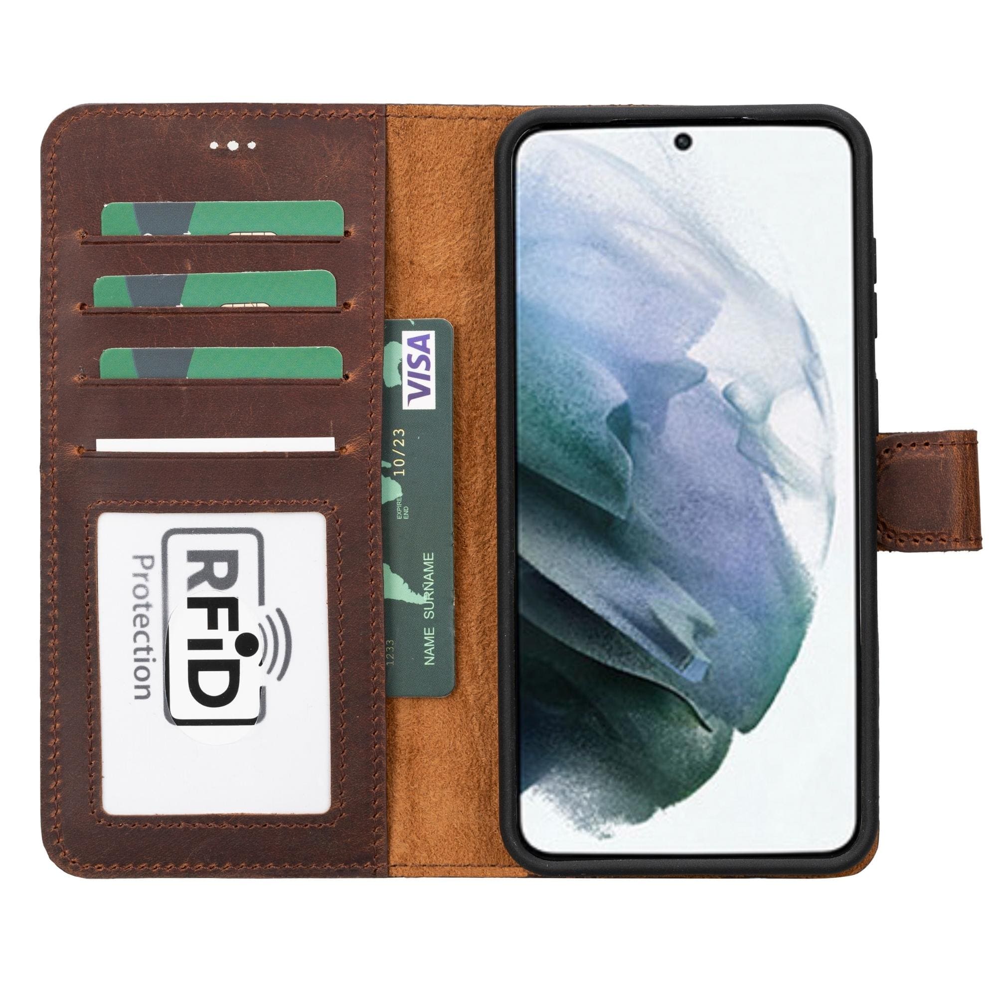 Buffalo Samsung Galaxy S20 Series Detachable Leather Wallet Case showcasing its sleek design, card compartments, and kickstand feature.