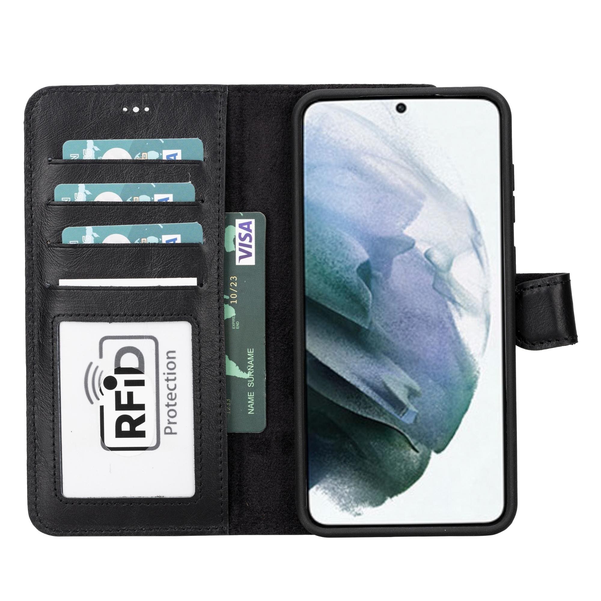 Buffalo Samsung Galaxy S20 Series Detachable Leather Wallet Case showcasing its sleek design, card compartments, and kickstand feature.