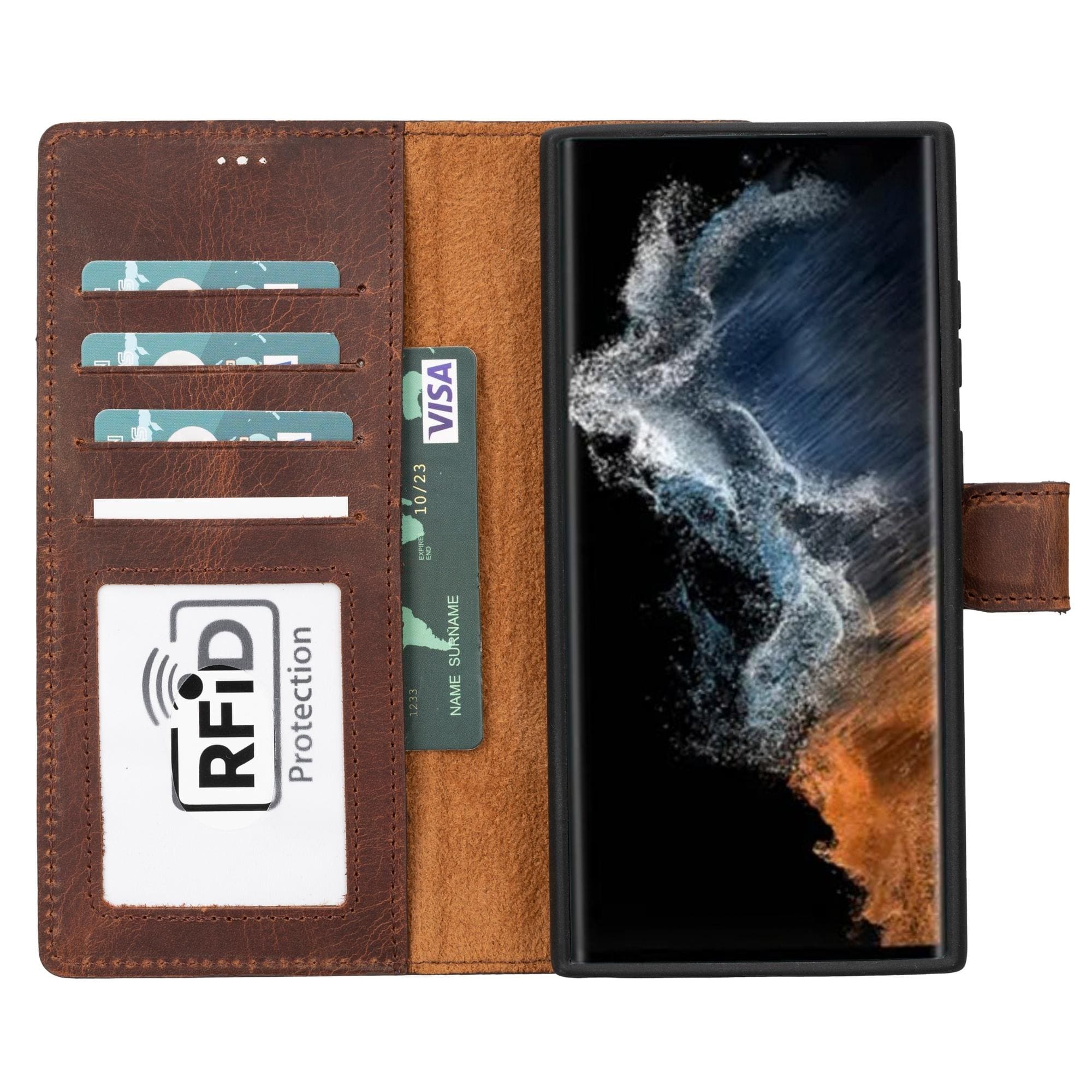 Buffalo Samsung Galaxy S20 Series Detachable Leather Wallet Case showcasing its sleek design, card compartments, and kickstand feature.