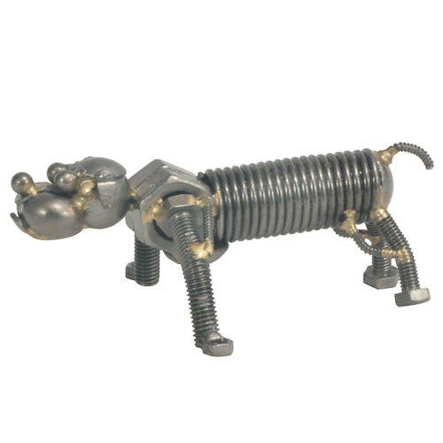 A handcrafted metal bulldog sculpture serving as a card holder, showcasing intricate details and a unique design.