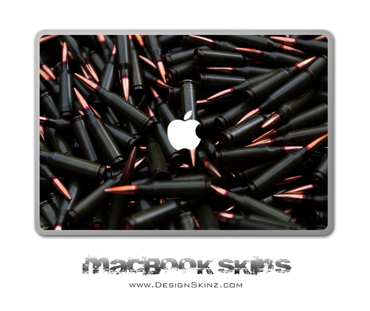 Bullets MacBook Skin featuring Apple Logo cutout, designed for 11", 13", and 15" models, showcasing a sleek and stylish appearance.