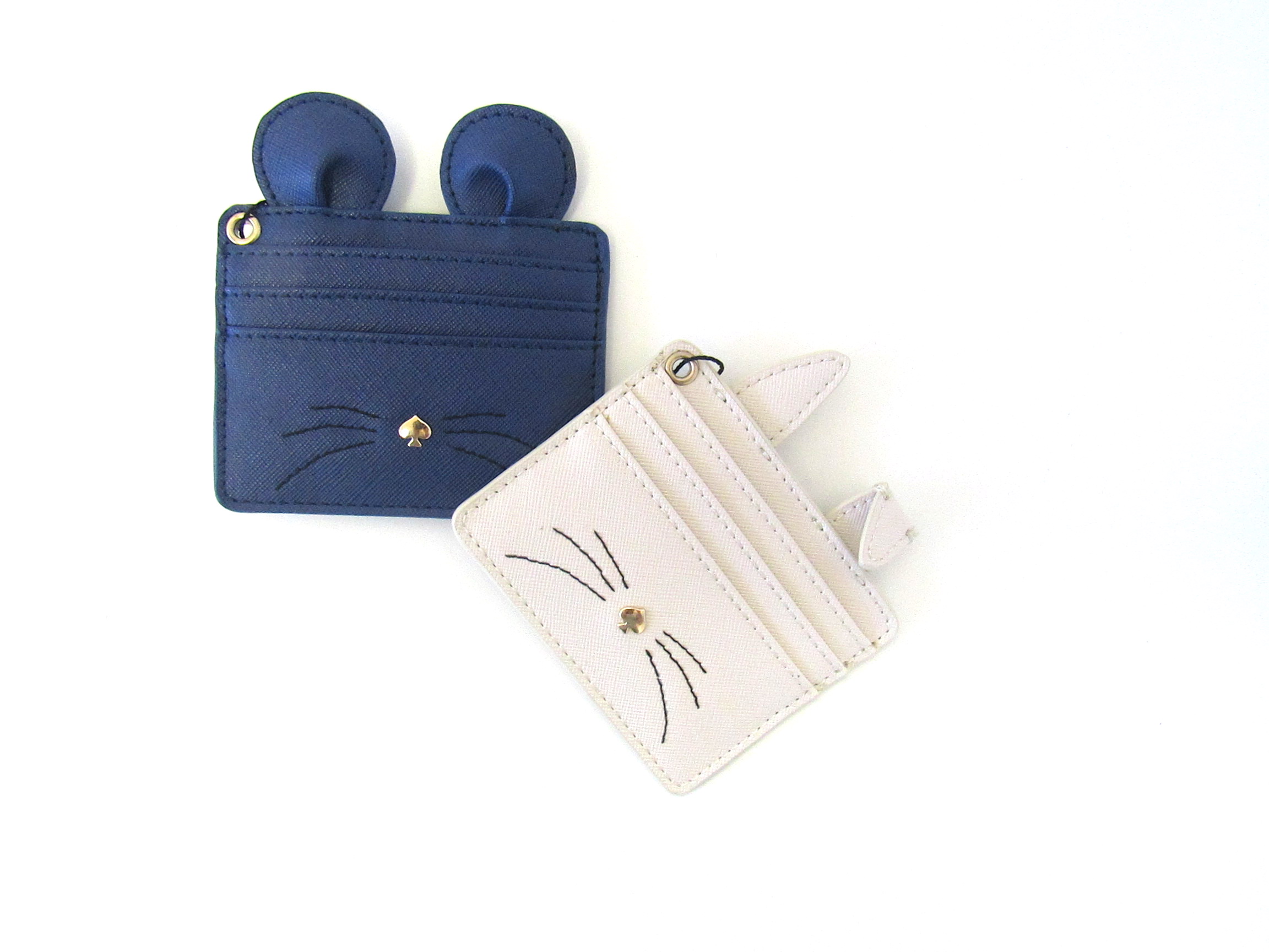 Bunny and Mouse Card Holders in Black and Creme, featuring stitched whiskers, 9K gold nose, and textured Saffiano vegan leather.