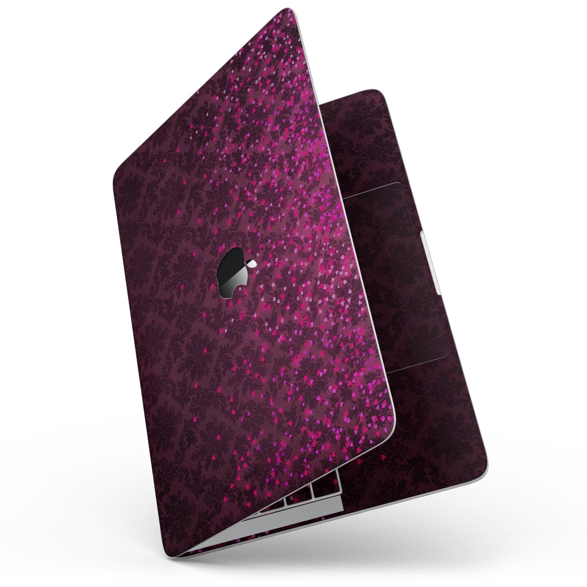 Burgundy Falling Micro Hearts skin for 13" MacBook Pro without Touch Bar, showcasing a stylish design that protects the device.