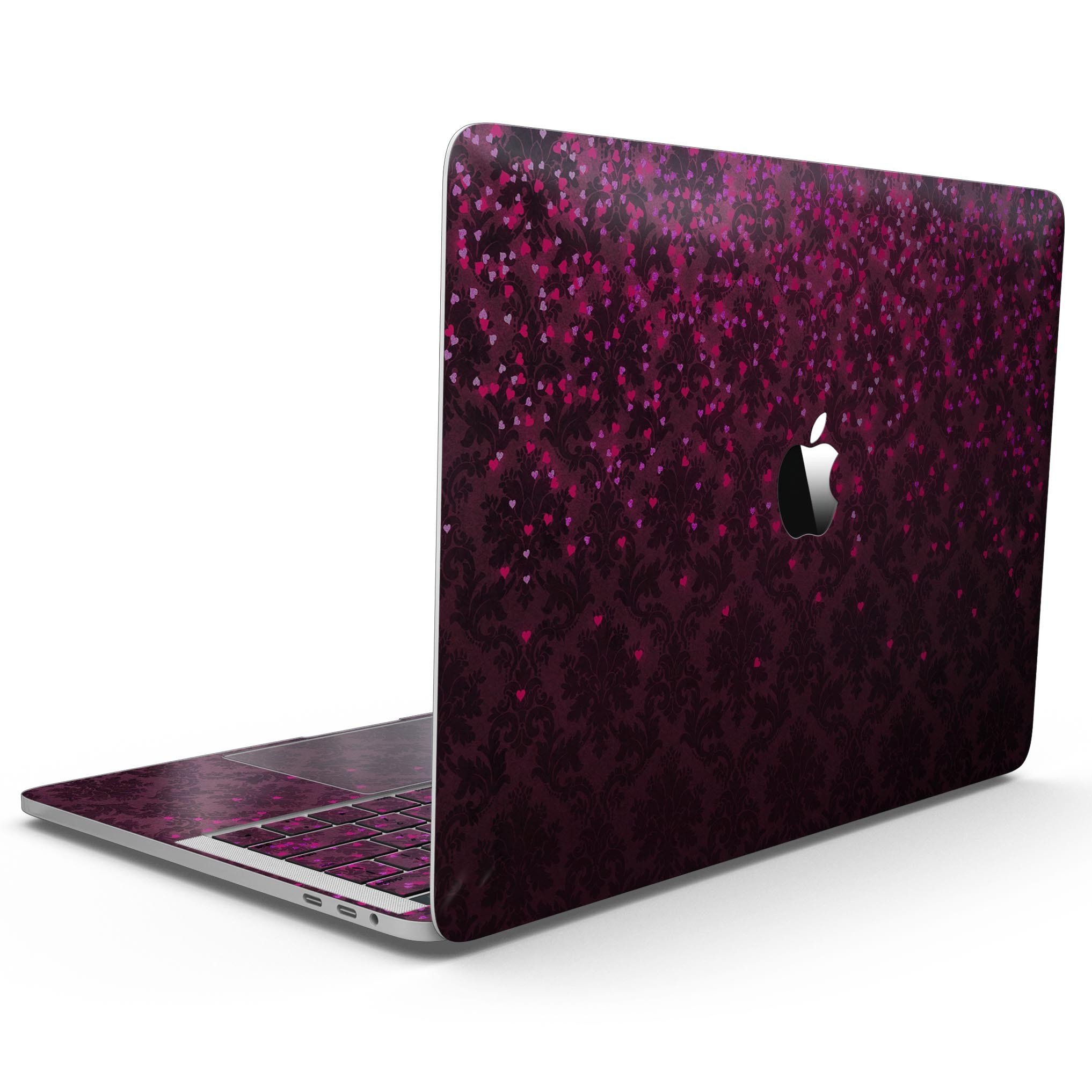 Burgundy Falling Micro Hearts skin for 13" MacBook Pro without Touch Bar, showcasing a stylish design that protects the device.