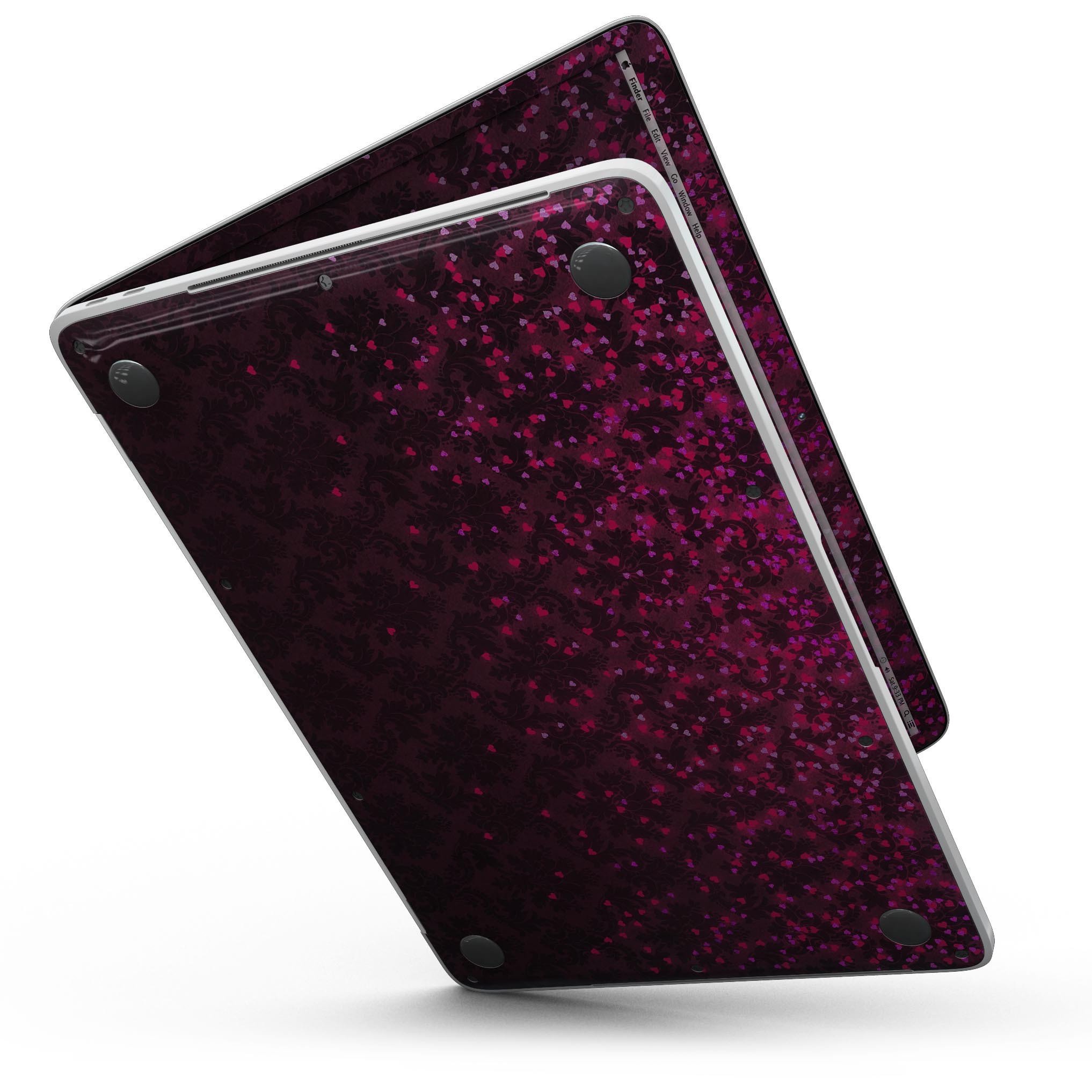 Burgundy Falling Micro Hearts skin for 13" MacBook Pro without Touch Bar, showcasing a stylish design that protects the device.