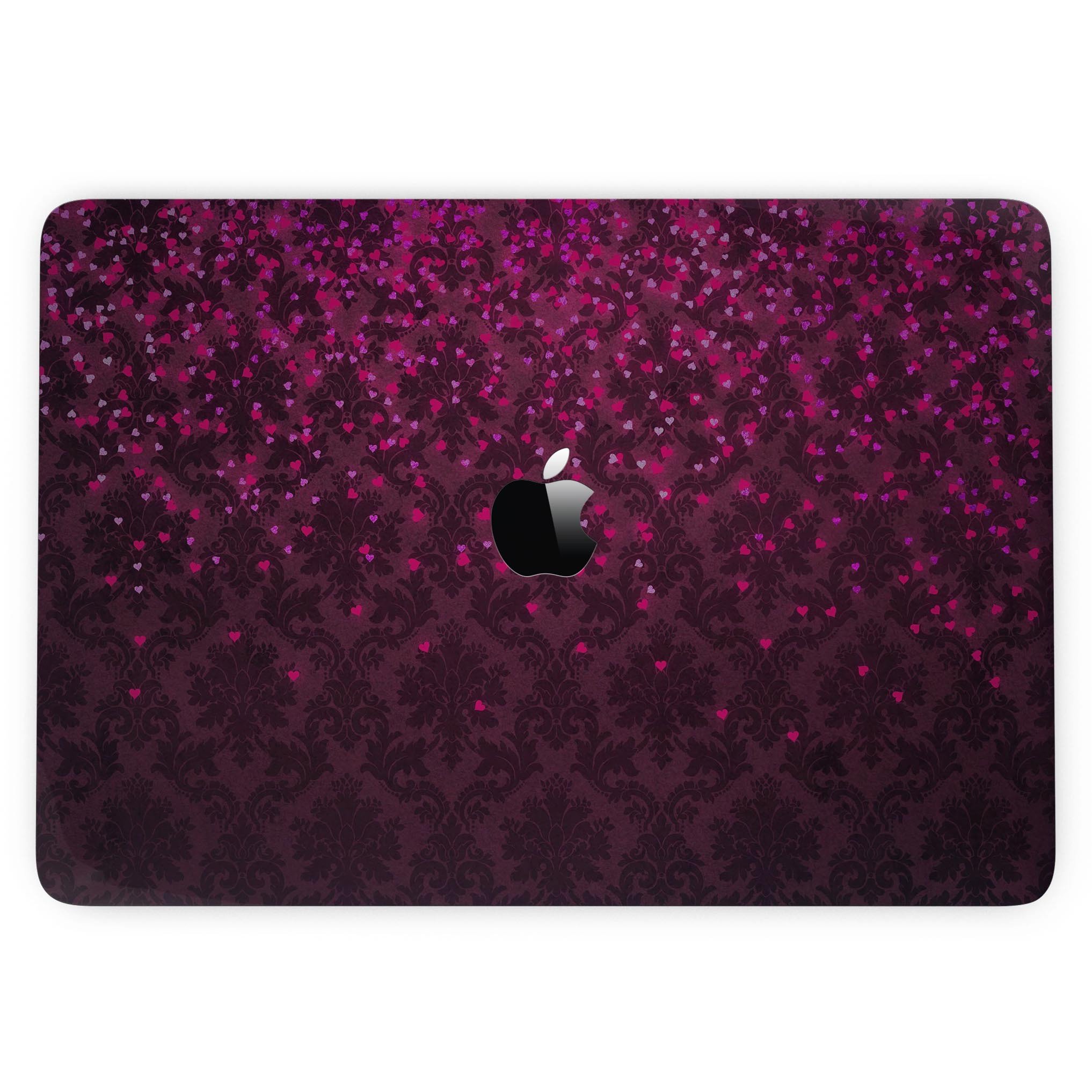 Burgundy Falling Micro Hearts skin for 13" MacBook Pro without Touch Bar, showcasing a stylish design that protects the device.