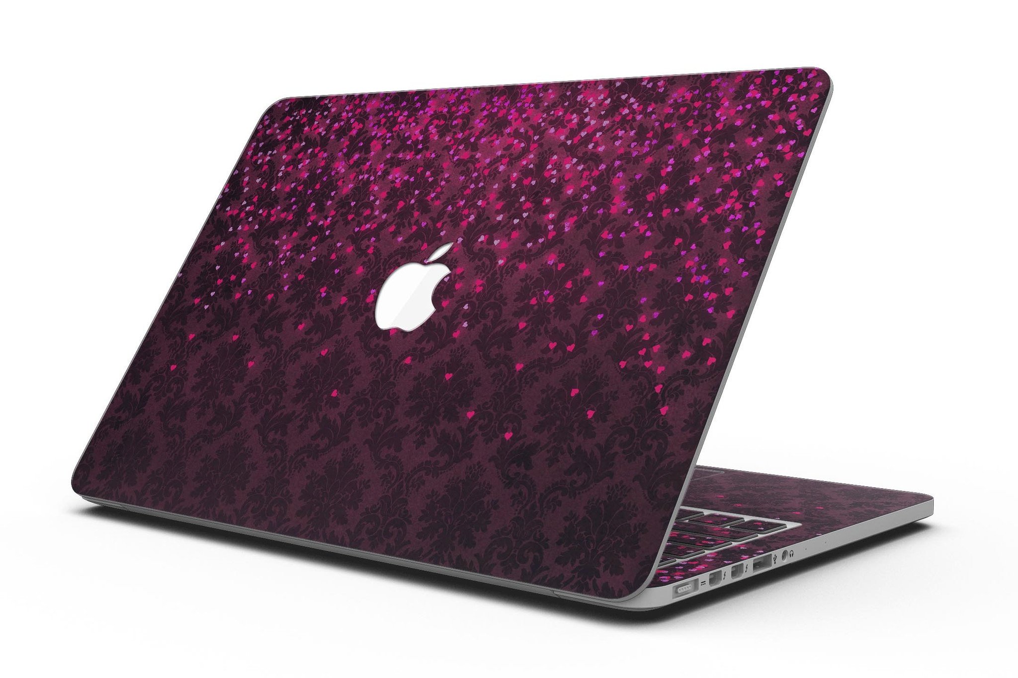 Burgundy Falling Micro Hearts skin for MacBook Pro with Retina Display, showcasing a stylish design that protects the device.