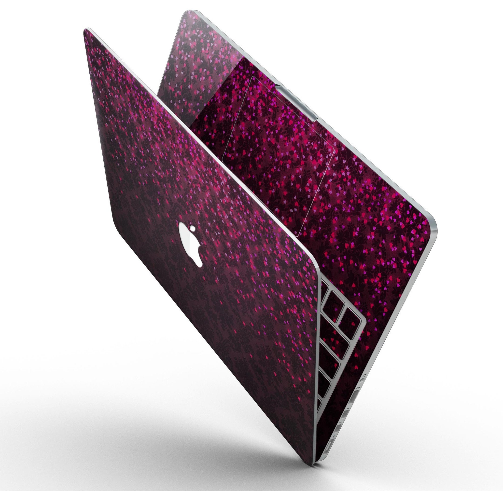 Burgundy Falling Micro Hearts skin for MacBook Pro with Retina Display, showcasing a stylish design that protects the device.