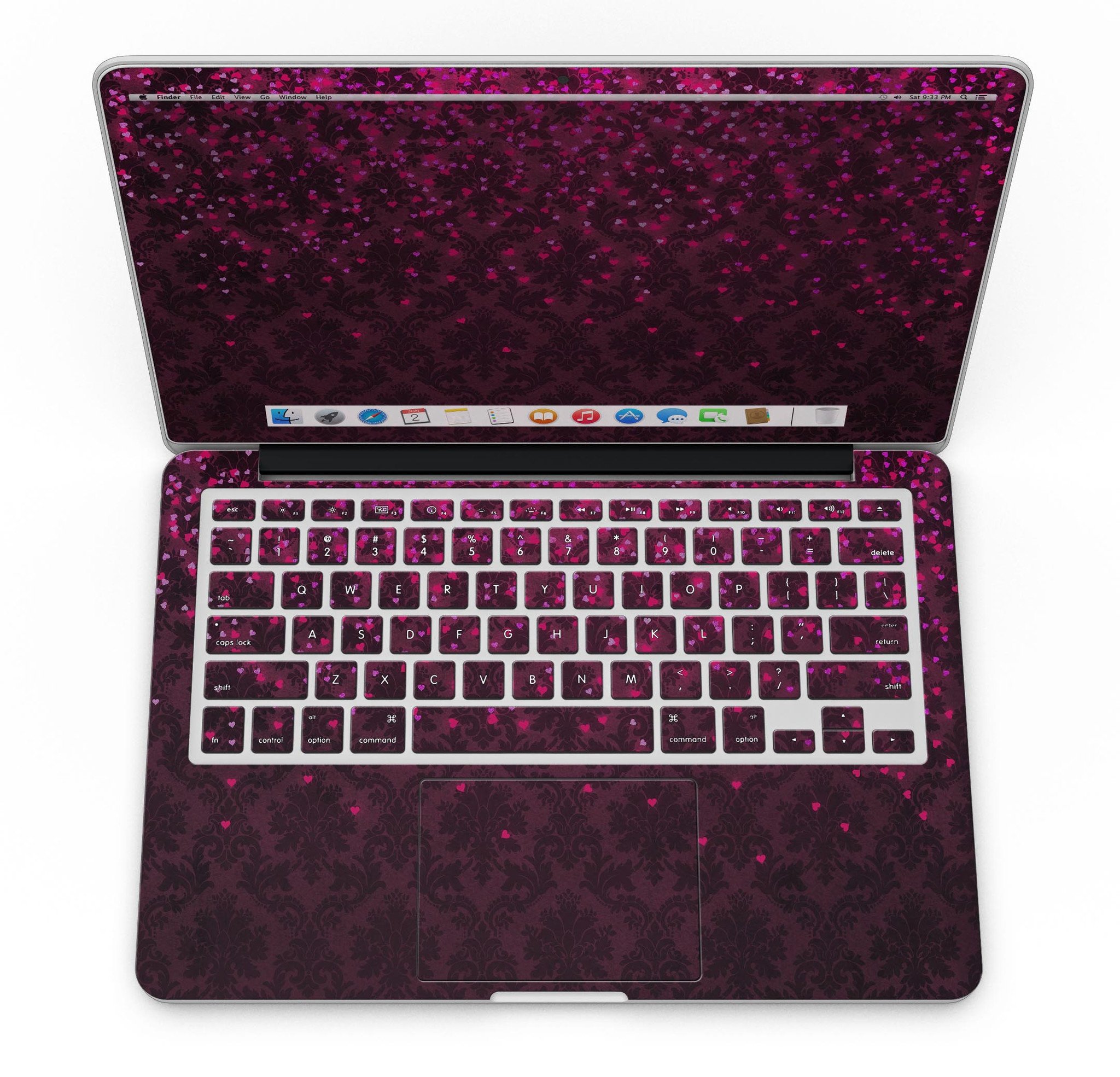 Burgundy Falling Micro Hearts skin for MacBook Pro with Retina Display, showcasing a stylish design that protects the device.