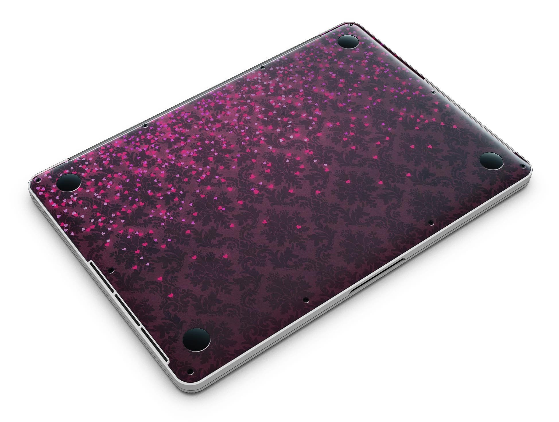 Burgundy Falling Micro Hearts skin for MacBook Pro with Retina Display, showcasing a stylish design that protects the device.