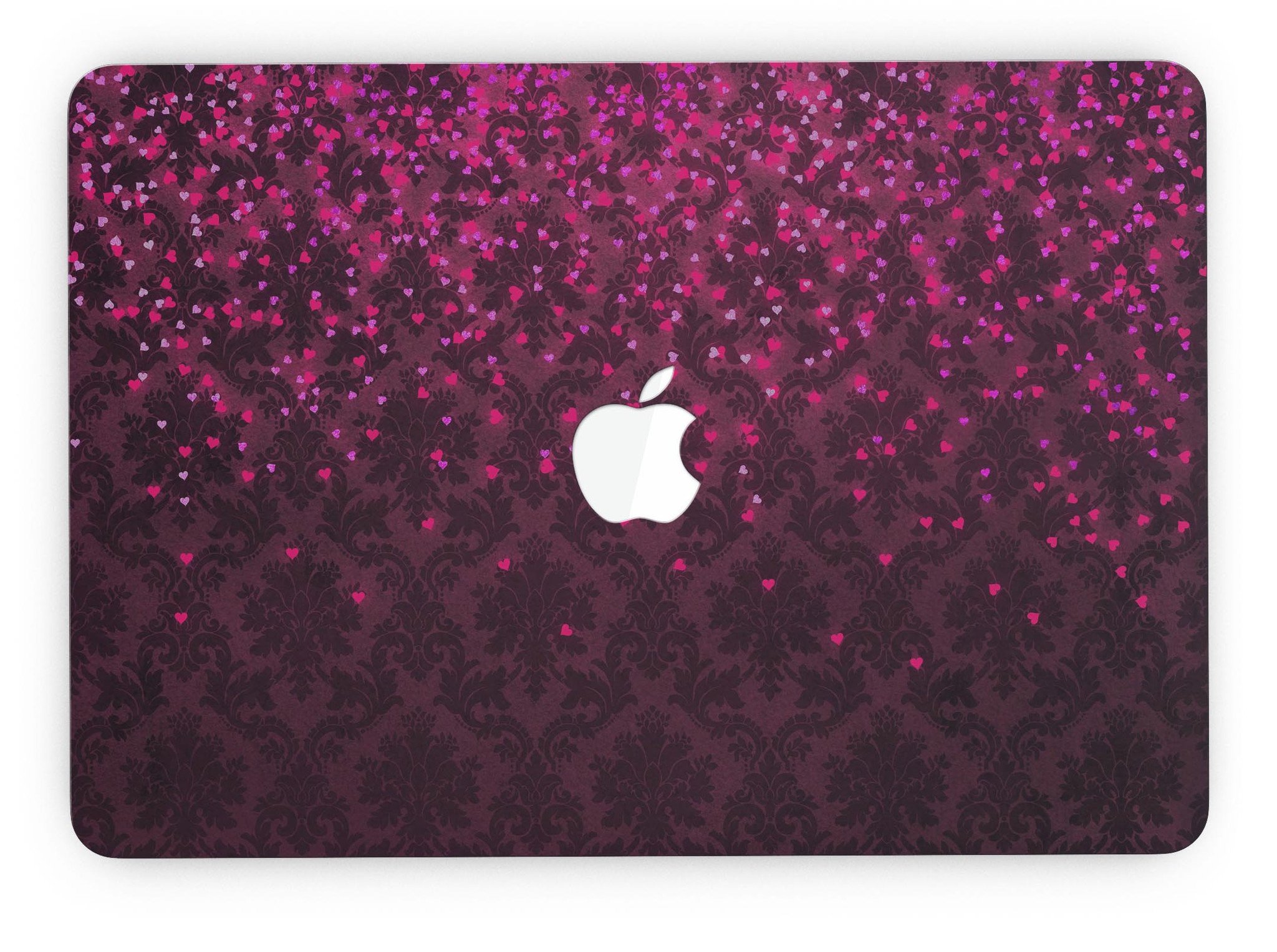 Burgundy Falling Micro Hearts skin for MacBook Pro with Retina Display, showcasing a stylish design that protects the device.