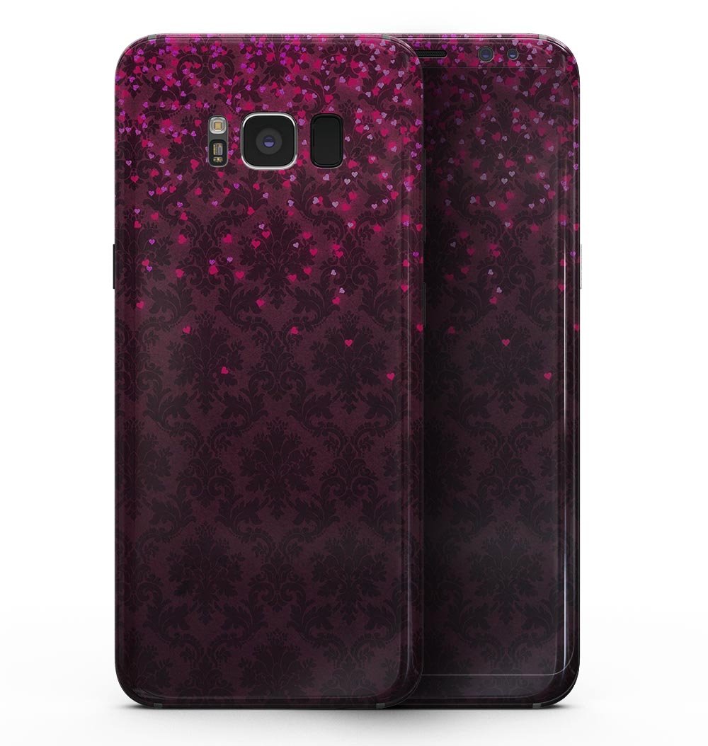 Burgundy Falling Micro Hearts skin kit for Samsung Galaxy S8, showcasing a stylish design that protects the device.