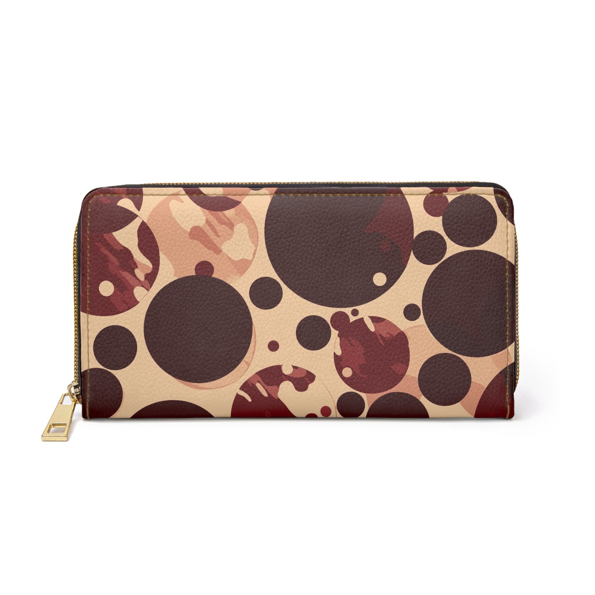 Burgundy and beige women's zipper wallet with circular spotted illustration, showcasing its stylish design and functional compartments.