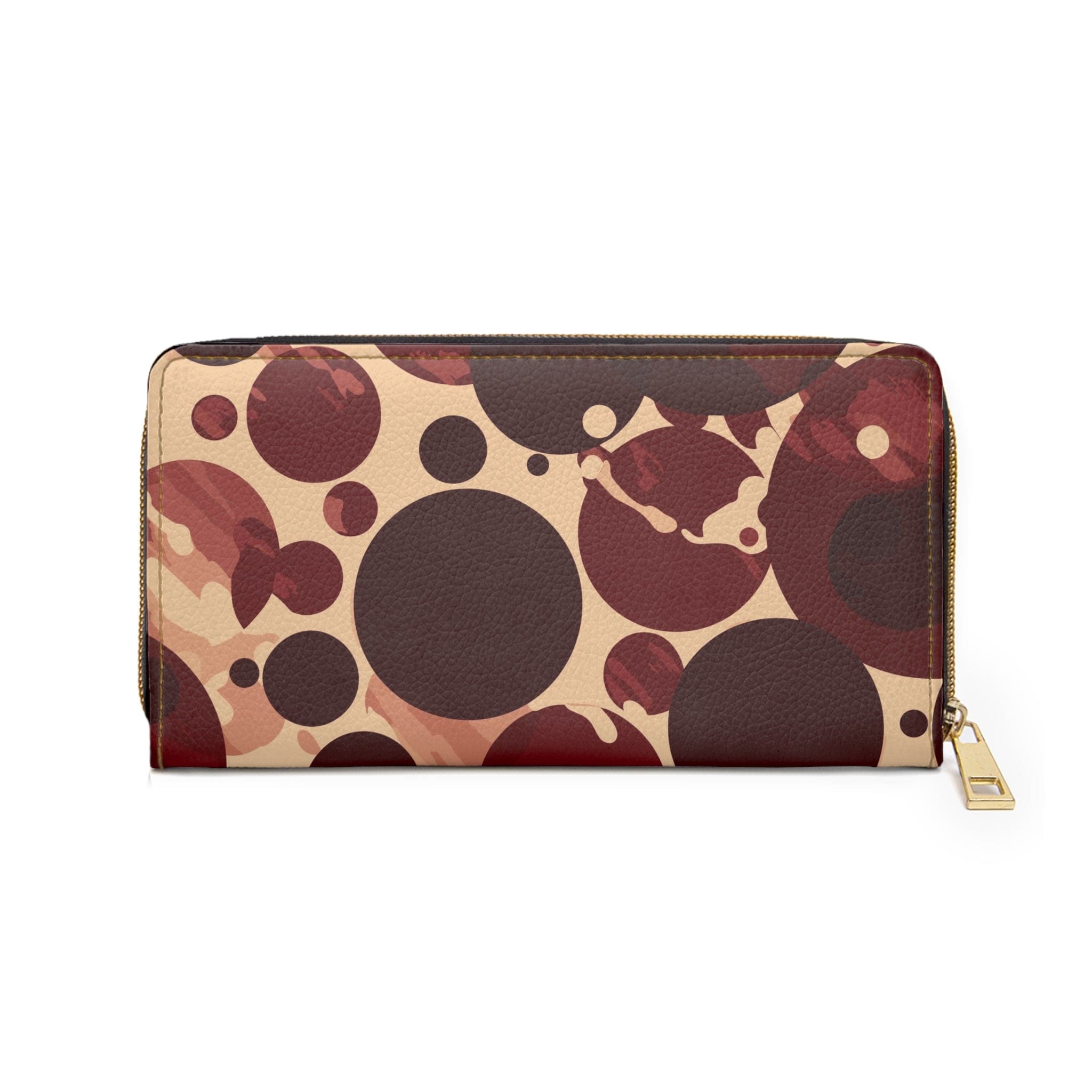 Burgundy and beige women's zipper wallet with circular spotted illustration, showcasing its stylish design and functional compartments.