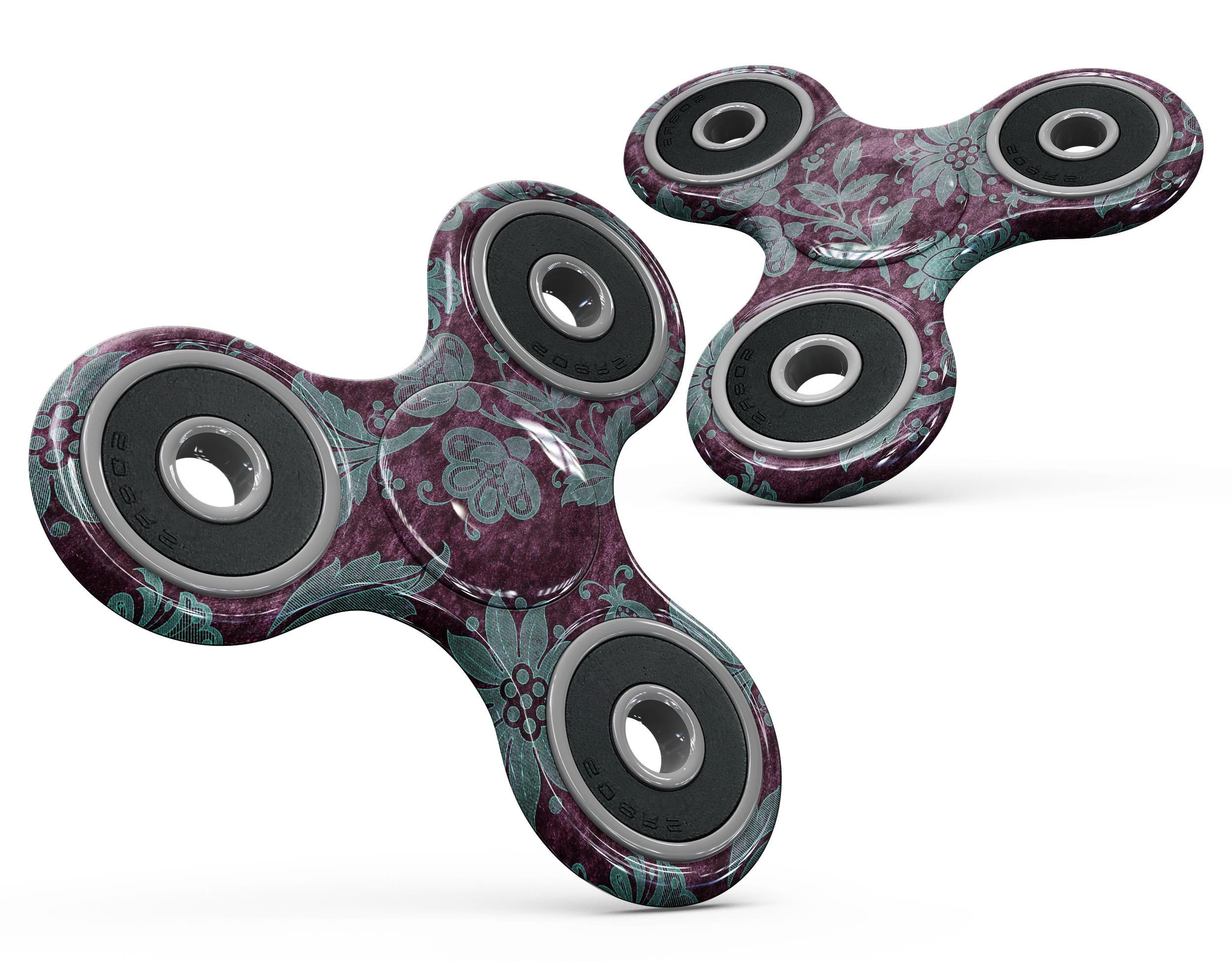 Burgundy and turquoise floral velvet skin kit for fidget spinner, showcasing vibrant colors and intricate design.