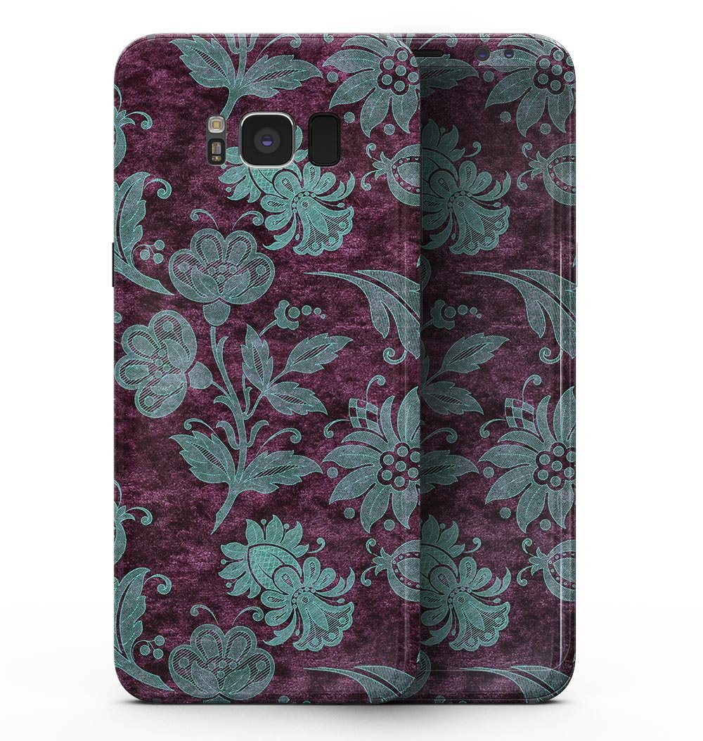 Burgundy and Turquoise Floral Velvet skin for Samsung Galaxy S8, showcasing vibrant floral patterns on a sleek vinyl surface.