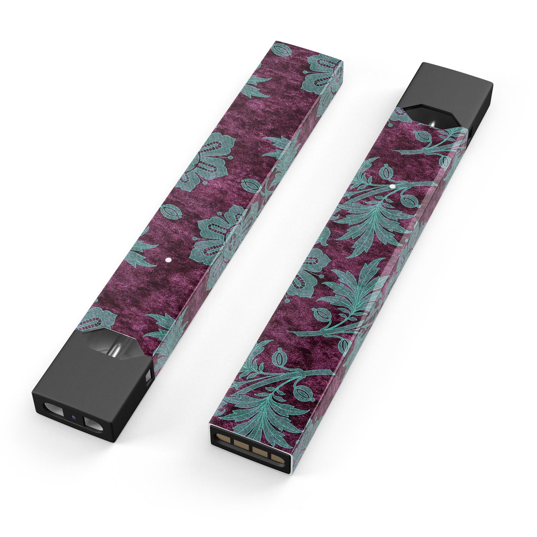 Burgundy and Turquoise Floral Velvet decal for JUUL vaping device, showcasing vibrant floral design and premium quality.