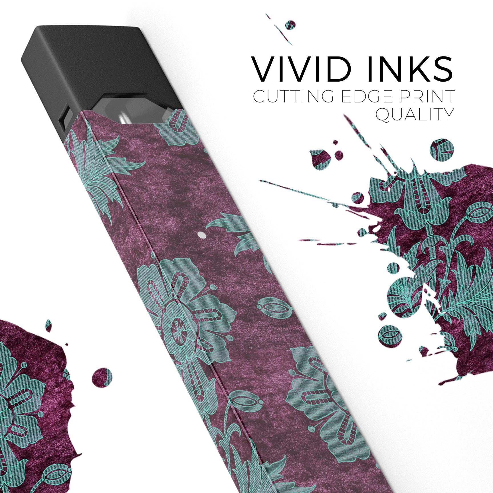 Burgundy and Turquoise Floral Velvet decal for JUUL vaping device, showcasing vibrant floral design and premium quality.