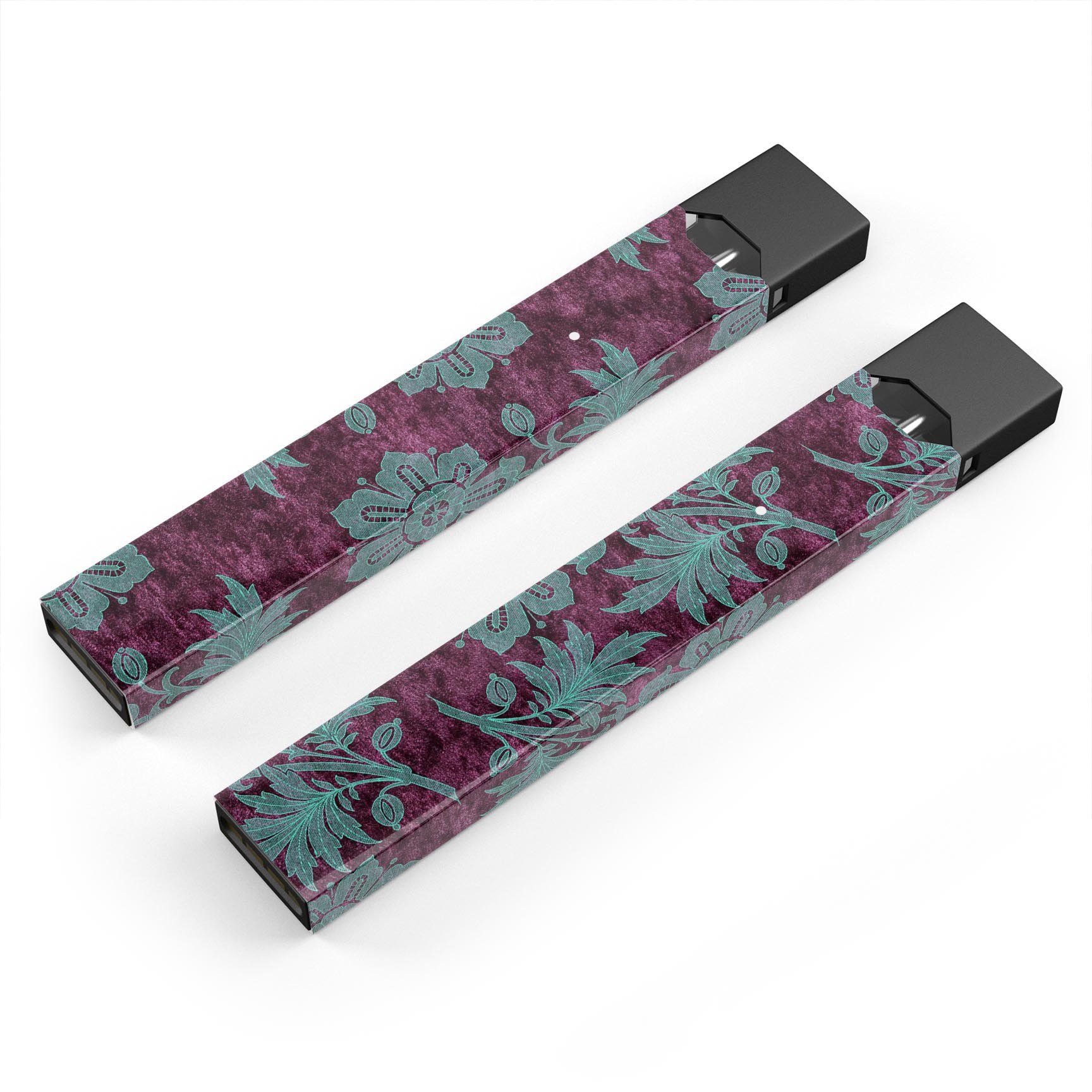 Burgundy and Turquoise Floral Velvet decal for JUUL vaping device, showcasing vibrant floral design and premium quality.