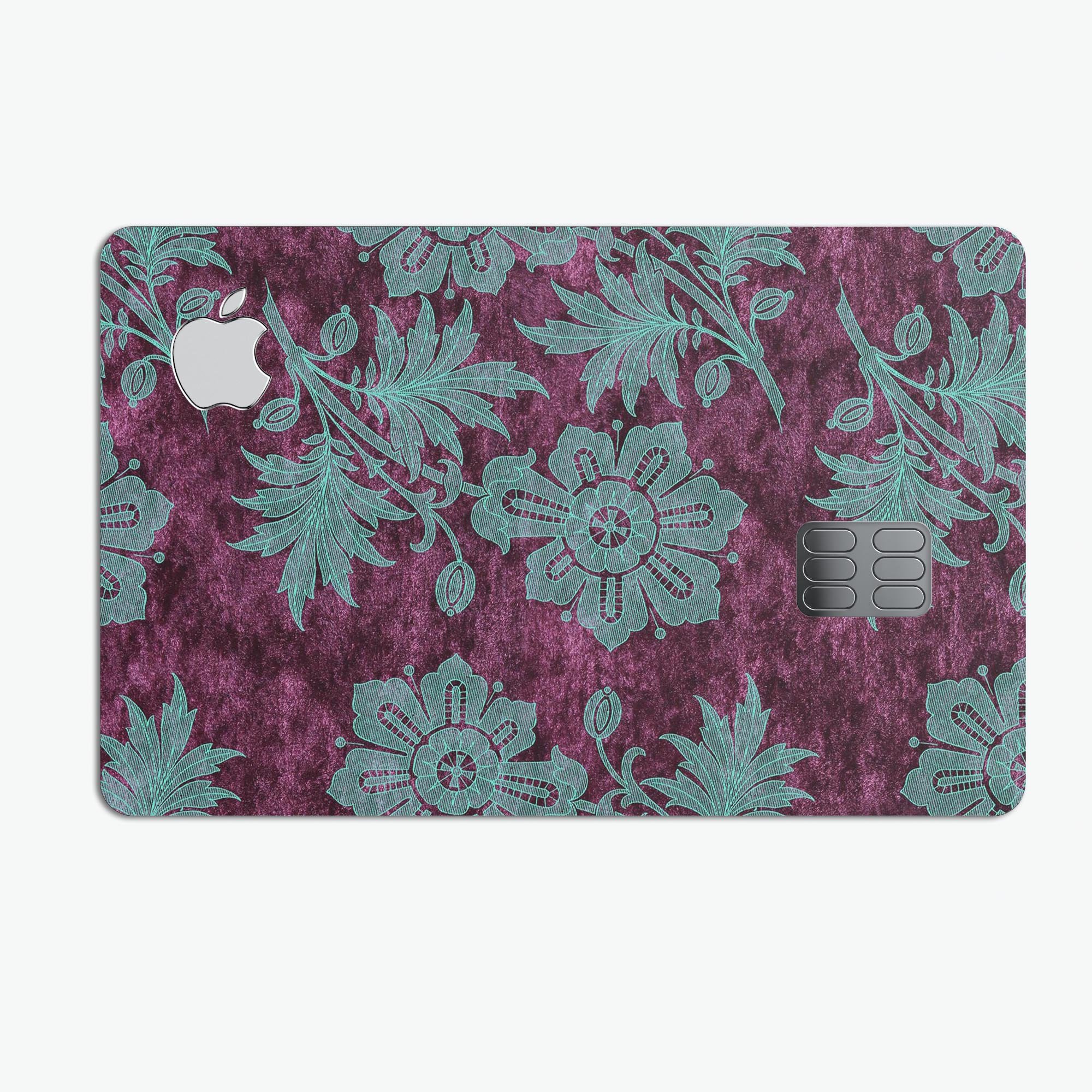 Burgundy and Turquoise Floral Velvet decal on an Apple Card, showcasing its vibrant floral design and premium quality.