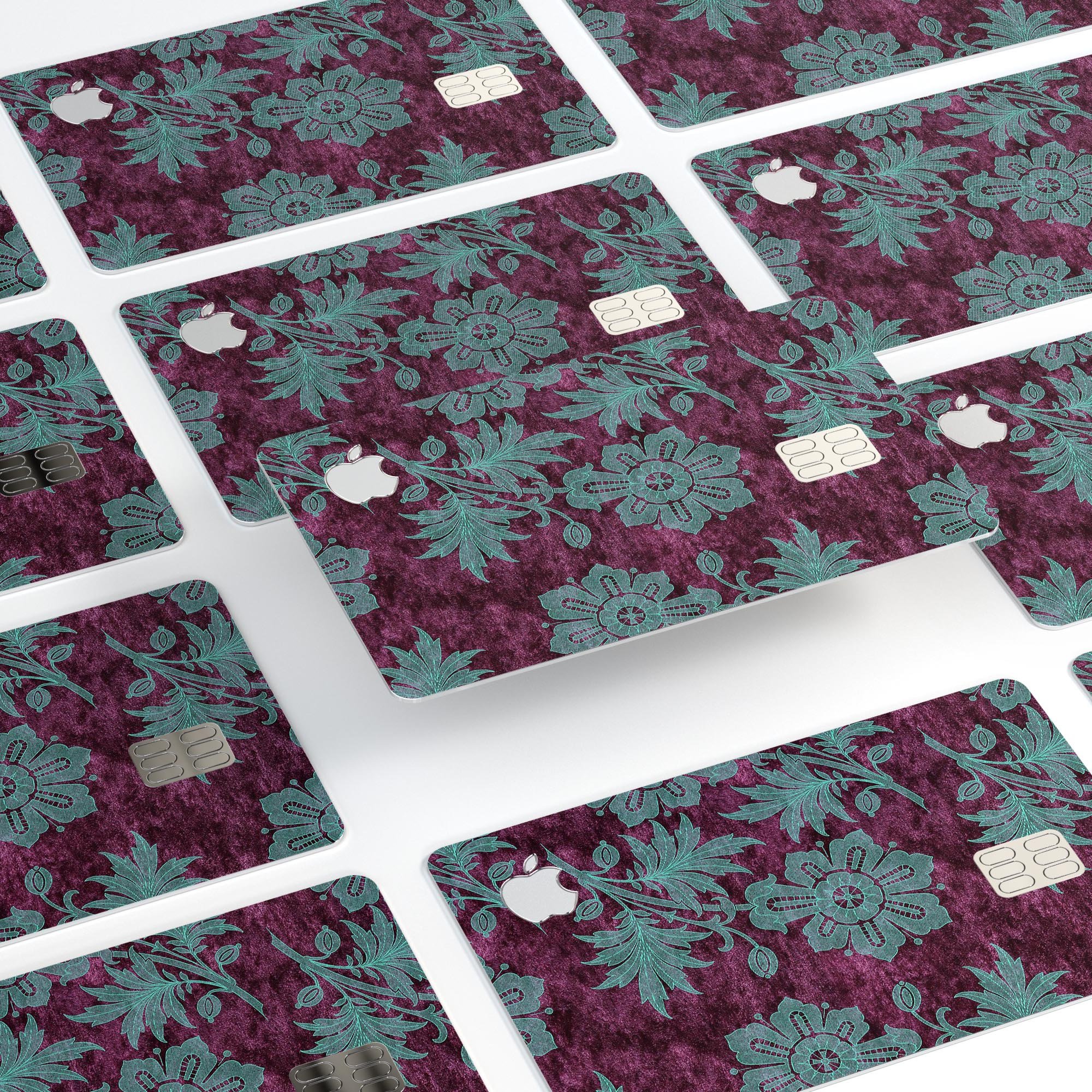 Burgundy and Turquoise Floral Velvet decal on an Apple Card, showcasing its vibrant floral design and premium quality.