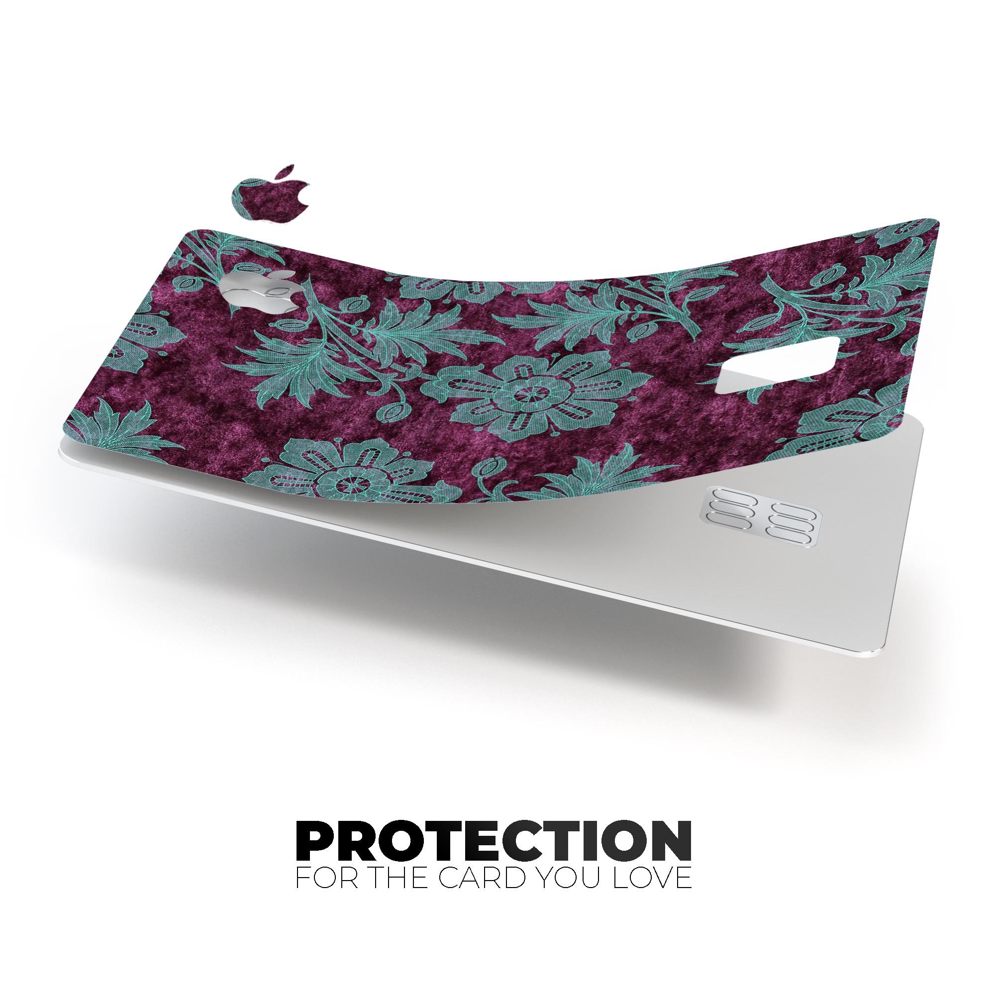 Burgundy and Turquoise Floral Velvet decal on an Apple Card, showcasing its vibrant floral design and premium quality.