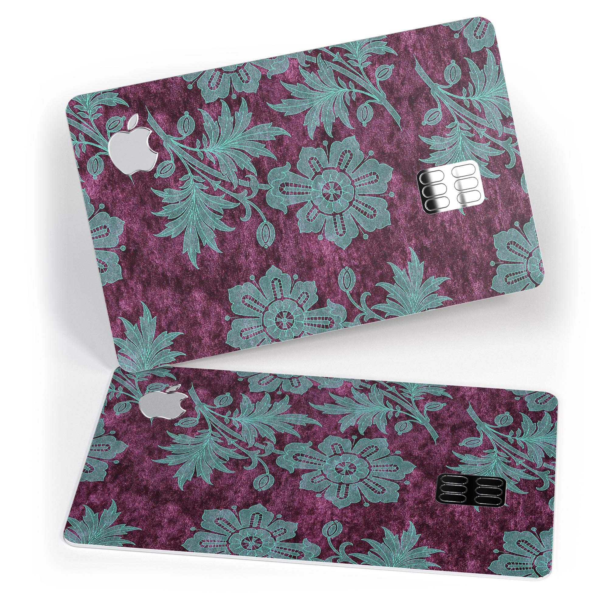 Burgundy and Turquoise Floral Velvet decal on an Apple Card, showcasing its vibrant floral design and premium quality.