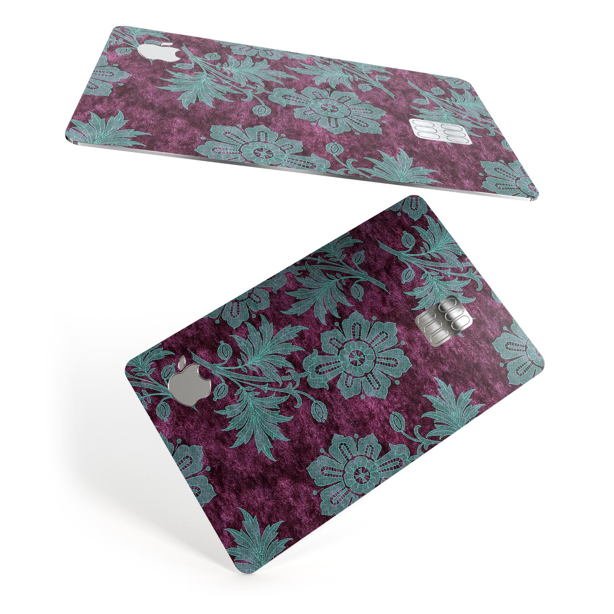 Burgundy and Turquoise Floral Velvet decal on an Apple Card, showcasing its vibrant floral design and premium quality.