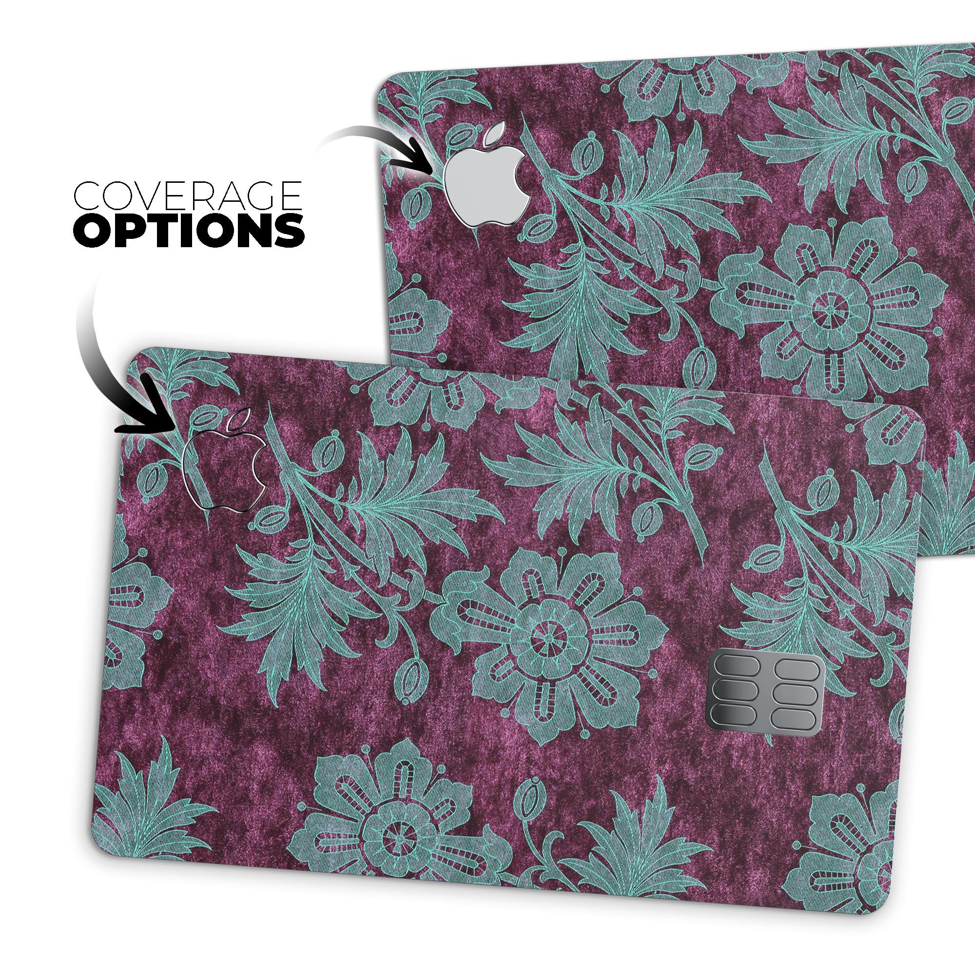 Burgundy and Turquoise Floral Velvet decal on an Apple Card, showcasing its vibrant floral design and premium quality.