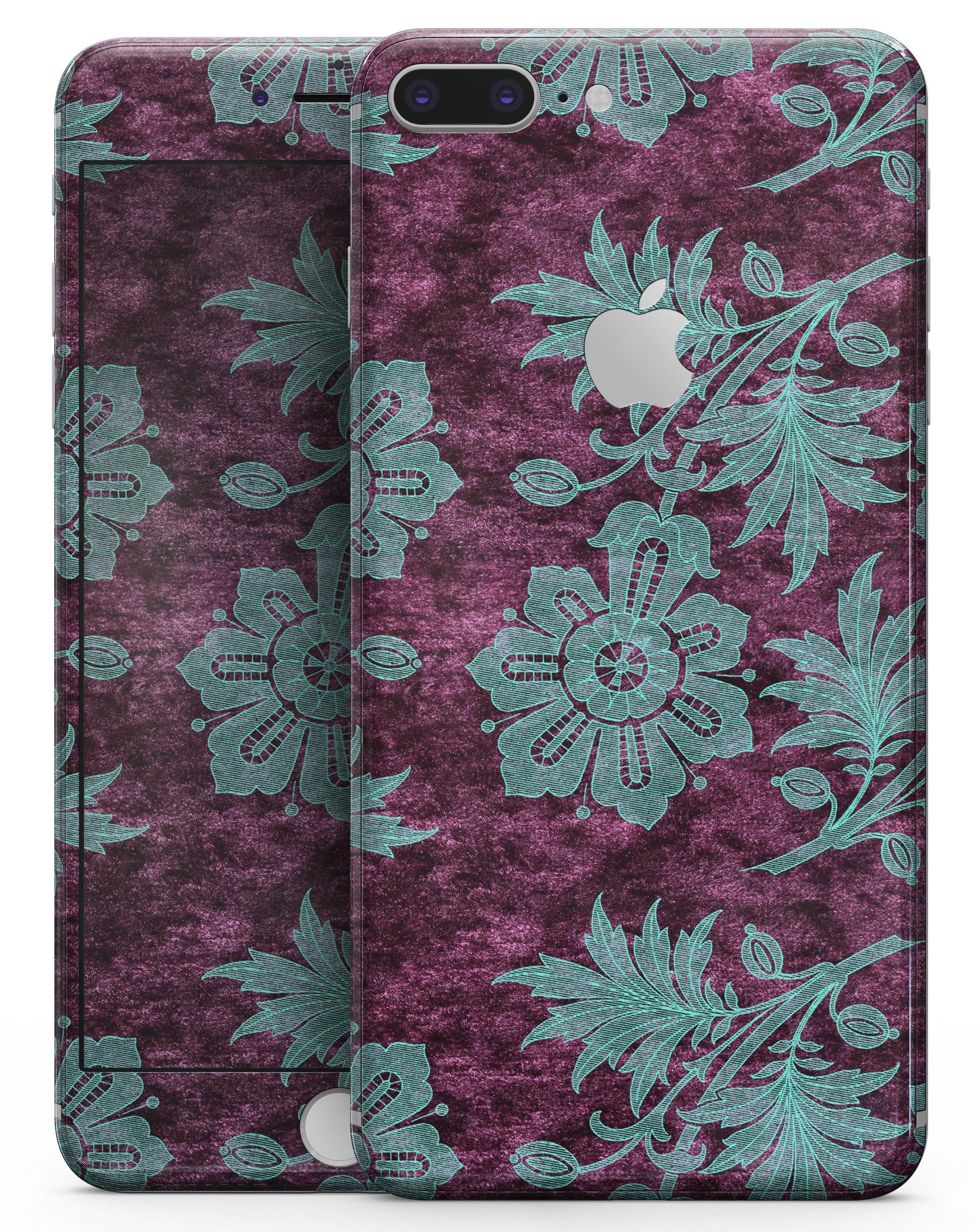 Burgundy and Turquoise Floral Velvet skin for iPhone 8 and 8 Plus, showcasing vibrant floral patterns on a sleek vinyl surface.