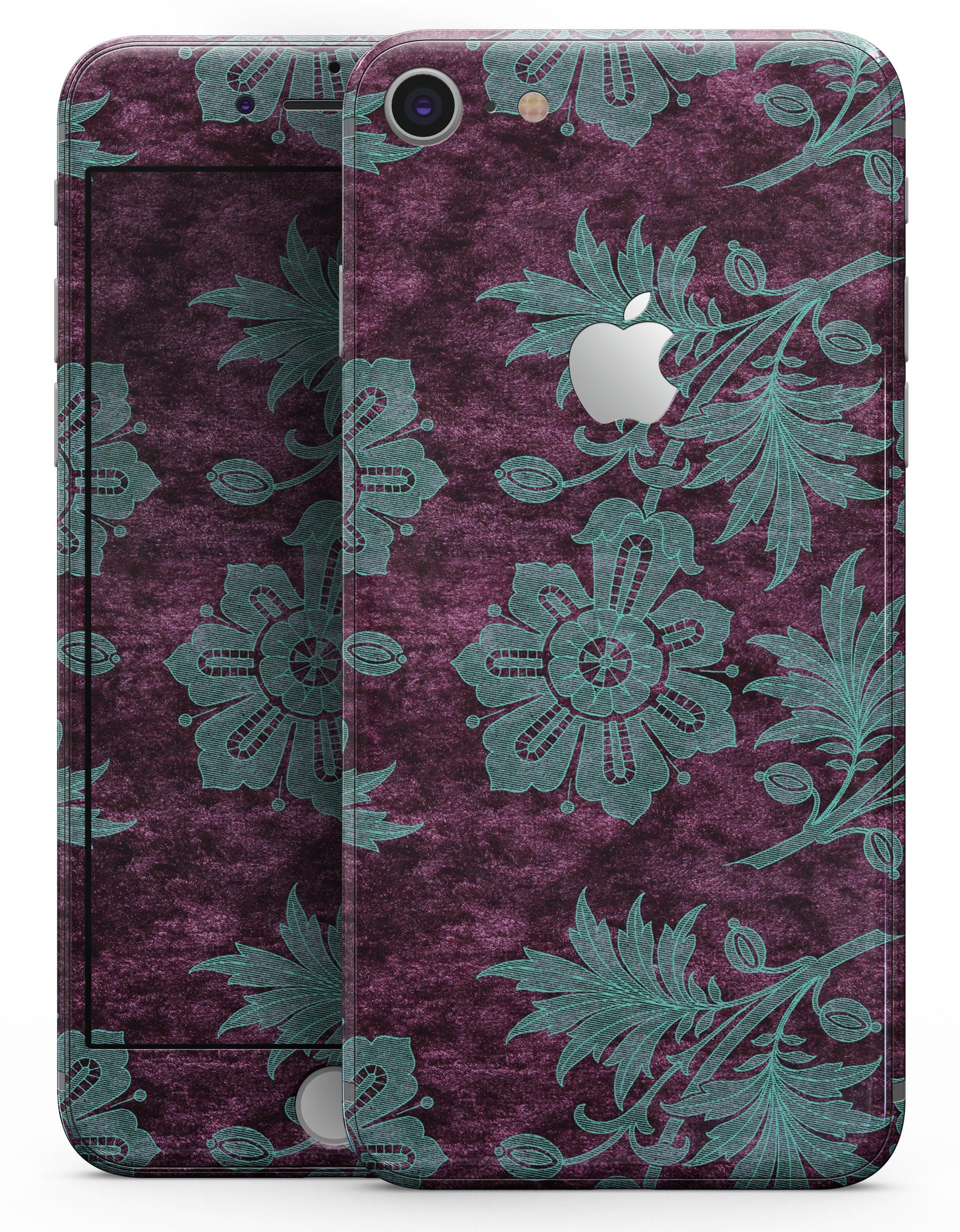 Burgundy and Turquoise Floral Velvet skin for iPhone 8 and 8 Plus, showcasing vibrant floral patterns on a sleek vinyl surface.