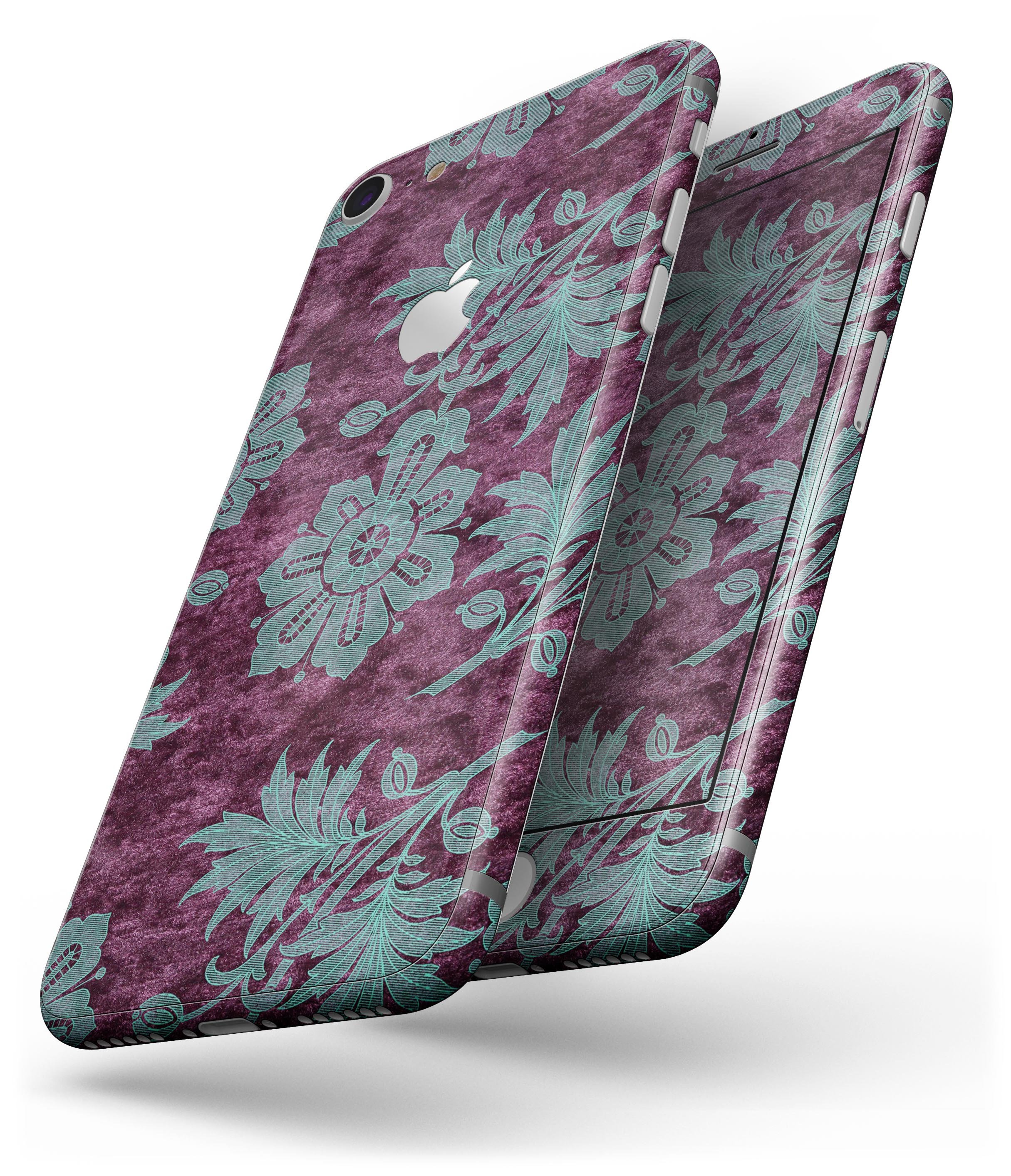 Burgundy and Turquoise Floral Velvet skin for iPhone 8 and 8 Plus, showcasing vibrant floral patterns on a sleek vinyl surface.