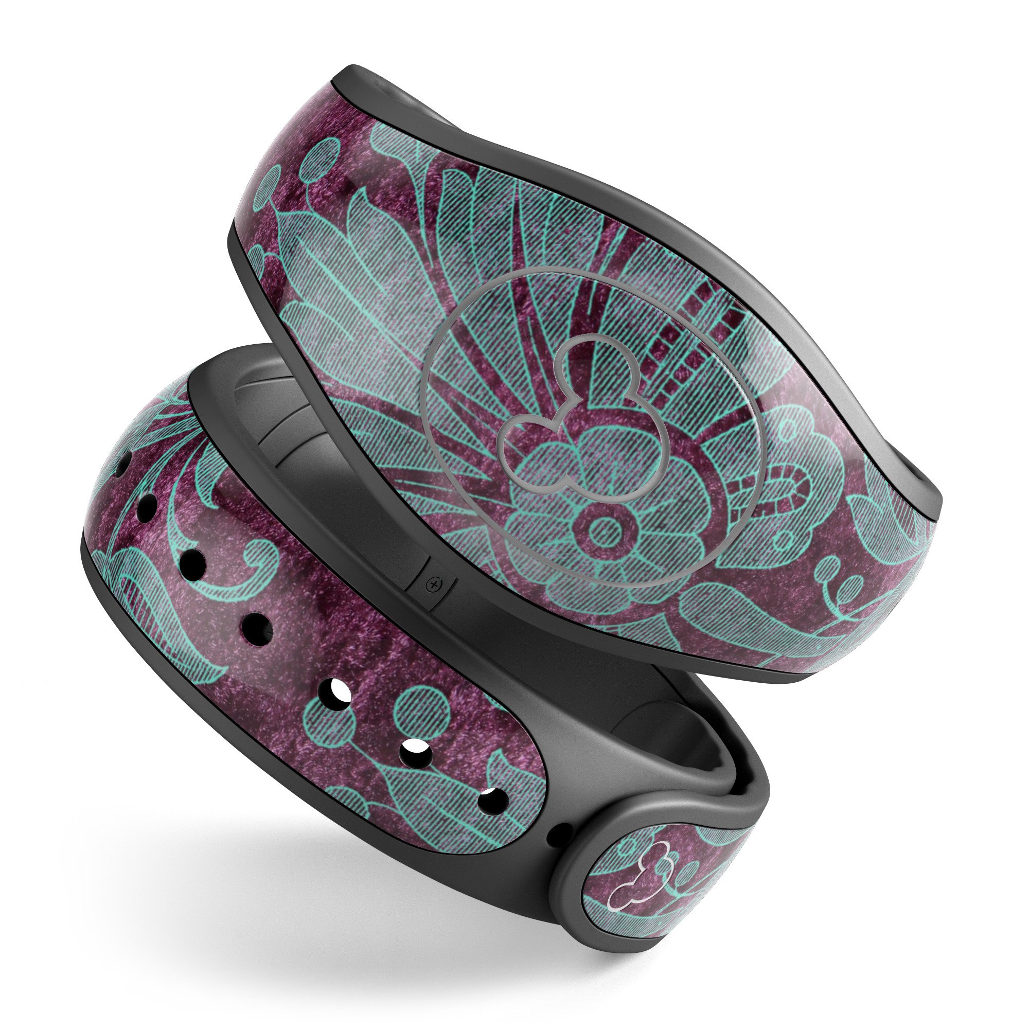 Burgundy and turquoise floral velvet skin wrap for Disney Magic Band, showcasing vibrant floral patterns and high-quality finish.