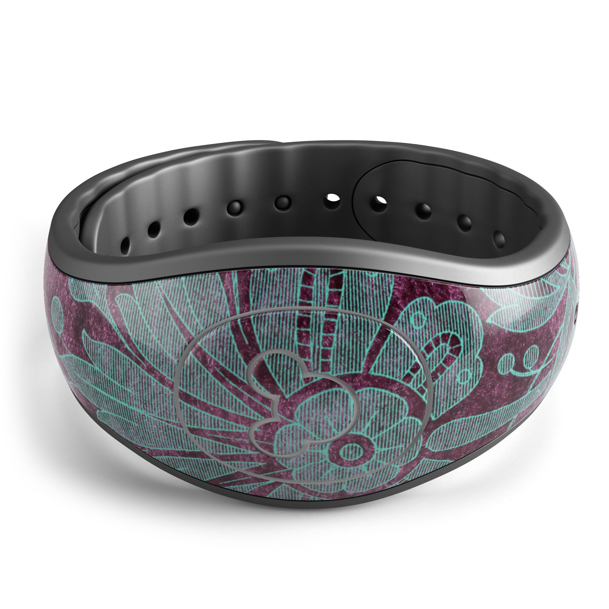 Burgundy and turquoise floral velvet skin wrap for Disney Magic Band, showcasing vibrant floral patterns and high-quality finish.