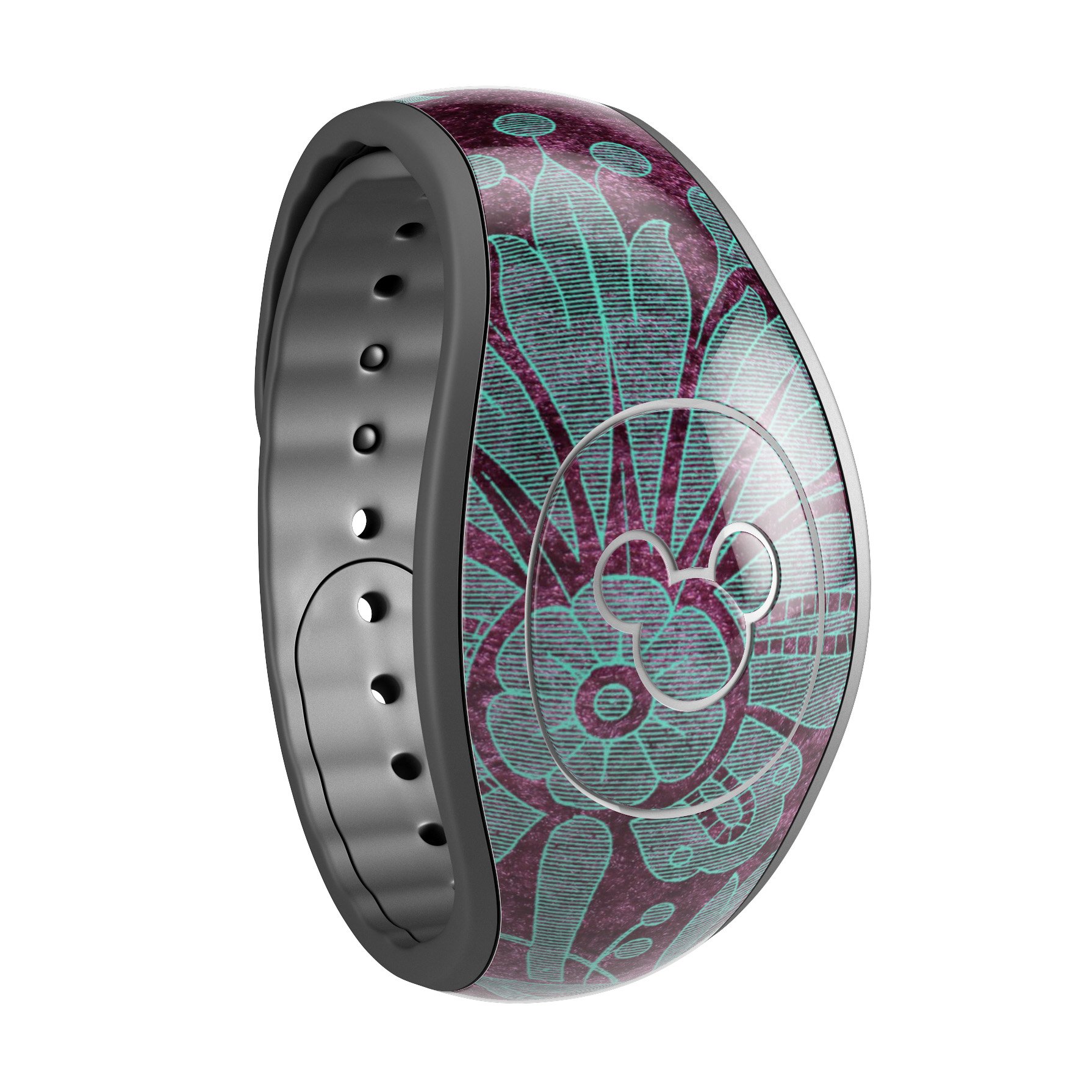 Burgundy and turquoise floral velvet skin wrap for Disney Magic Band, showcasing vibrant floral patterns and high-quality finish.