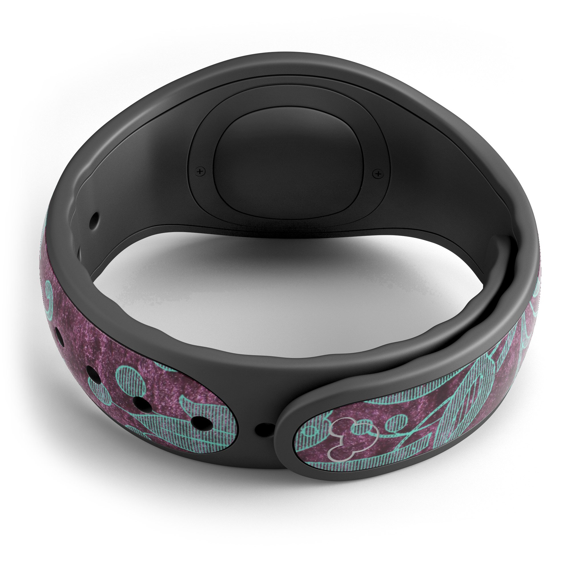 Burgundy and turquoise floral velvet skin wrap for Disney Magic Band, showcasing vibrant floral patterns and high-quality finish.