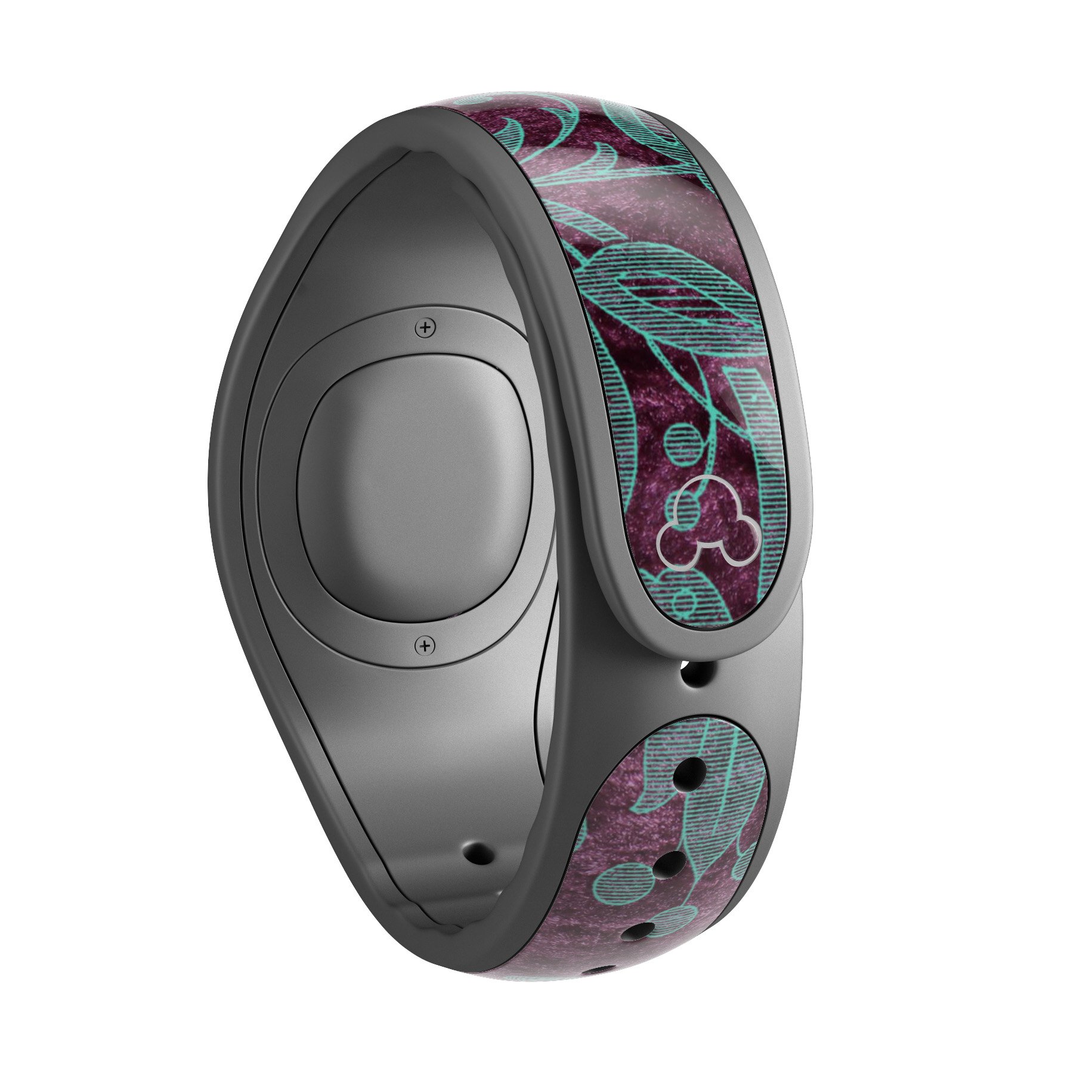 Burgundy and turquoise floral velvet skin wrap for Disney Magic Band, showcasing vibrant floral patterns and high-quality finish.