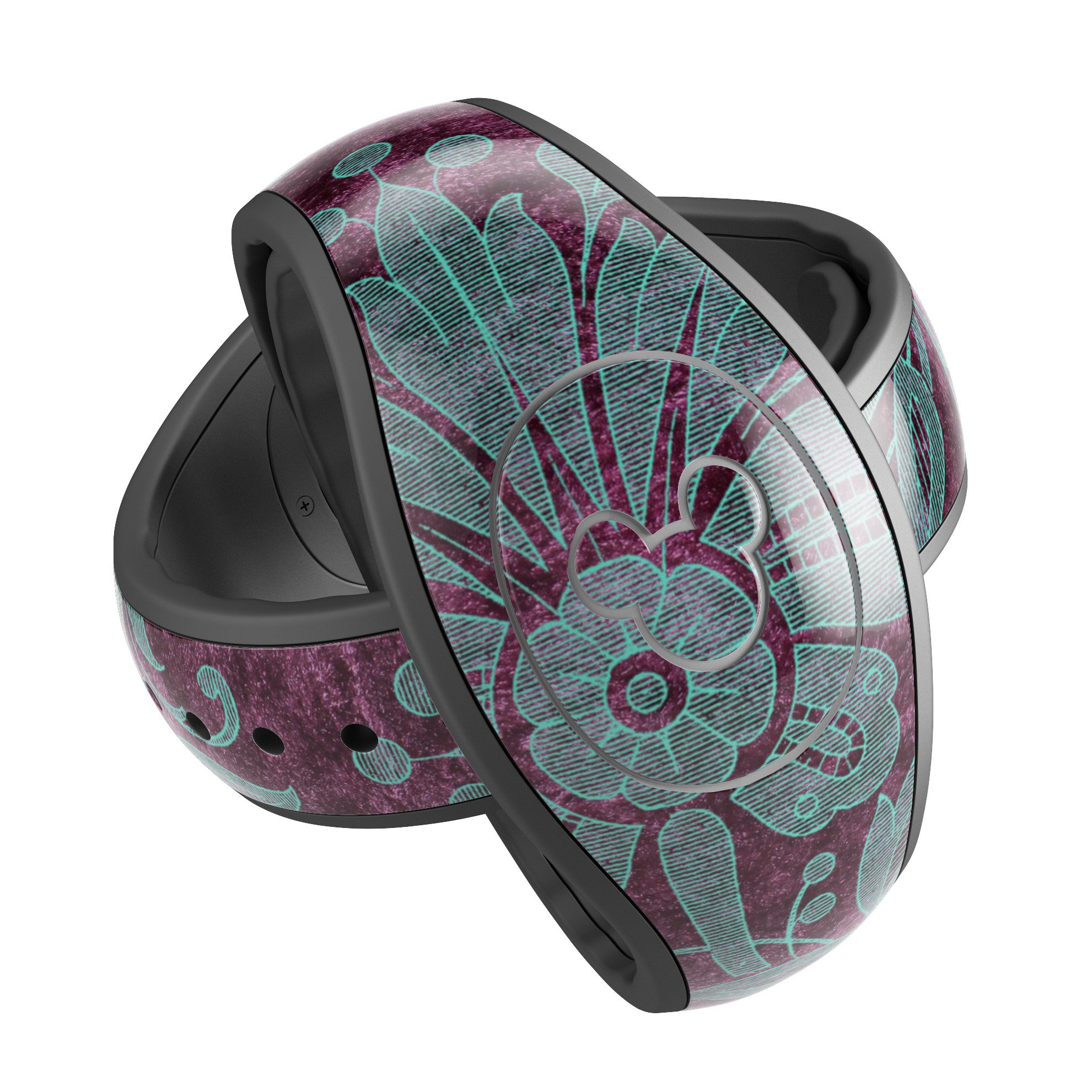 Burgundy and turquoise floral velvet skin wrap for Disney Magic Band, showcasing vibrant floral patterns and high-quality finish.