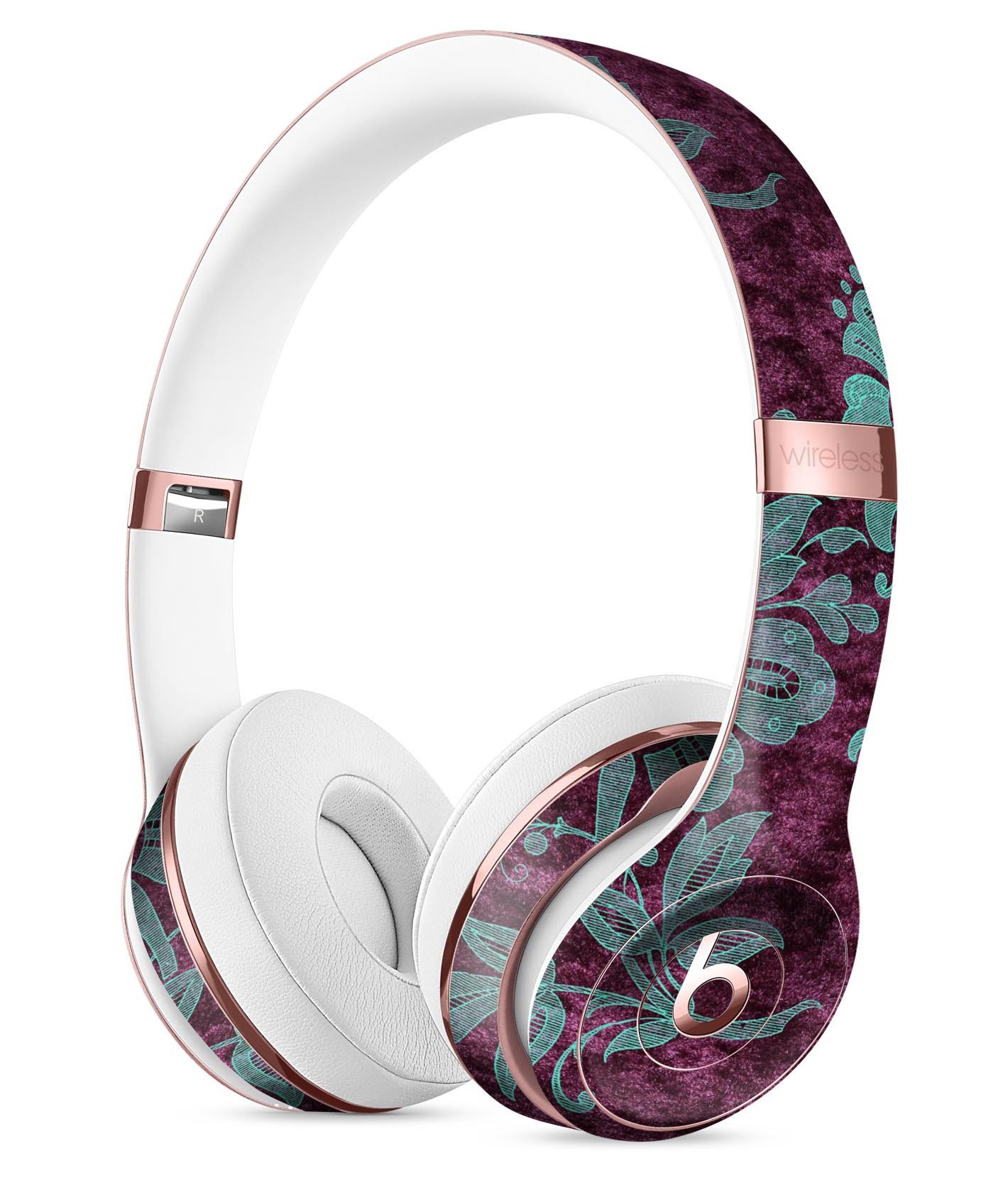 Burgundy and Turquoise Floral Velvet Skin Kit for Beats by Dre Solo 3 Wireless Headphones, showcasing vibrant floral patterns.