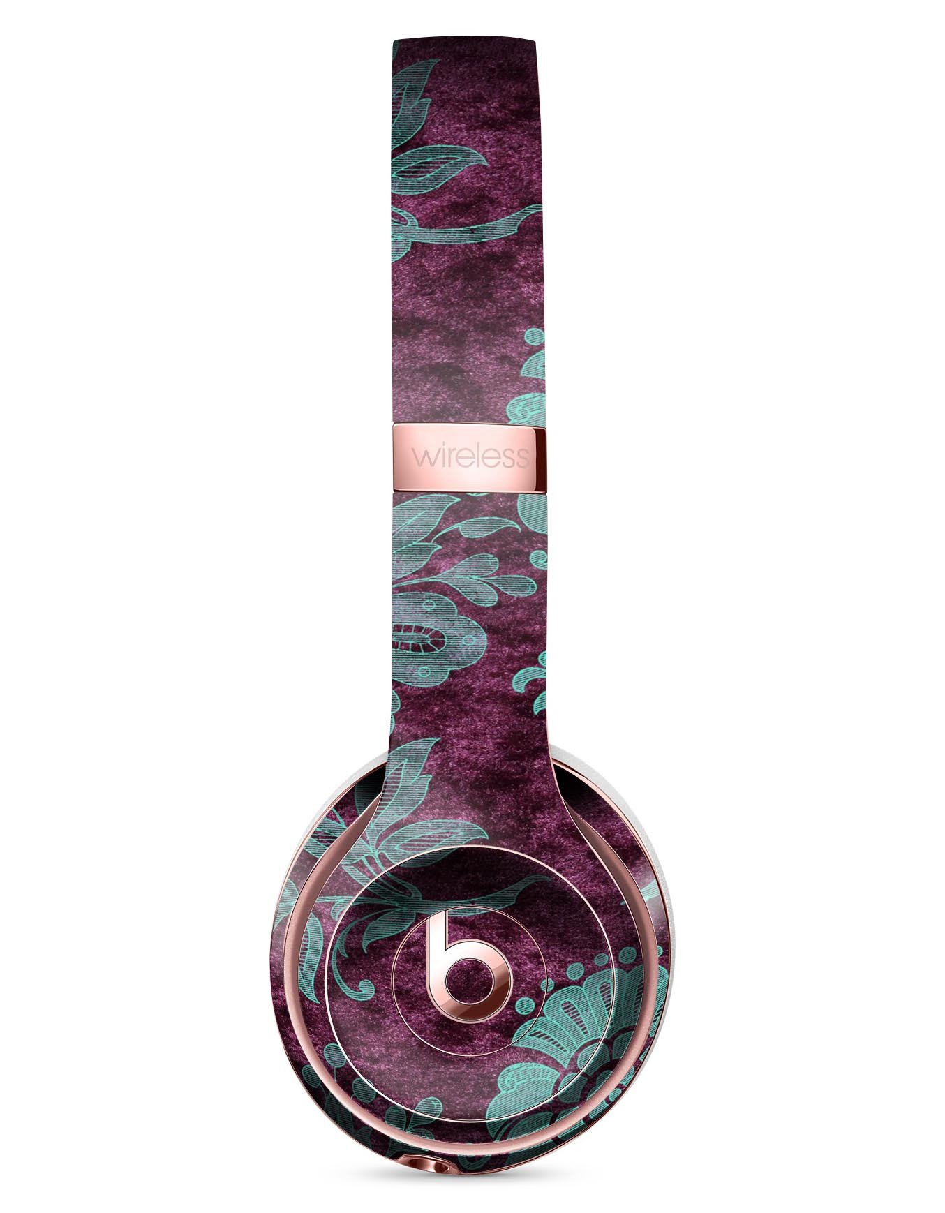 Burgundy and Turquoise Floral Velvet Skin Kit for Beats by Dre Solo 3 Wireless Headphones, showcasing vibrant floral patterns.