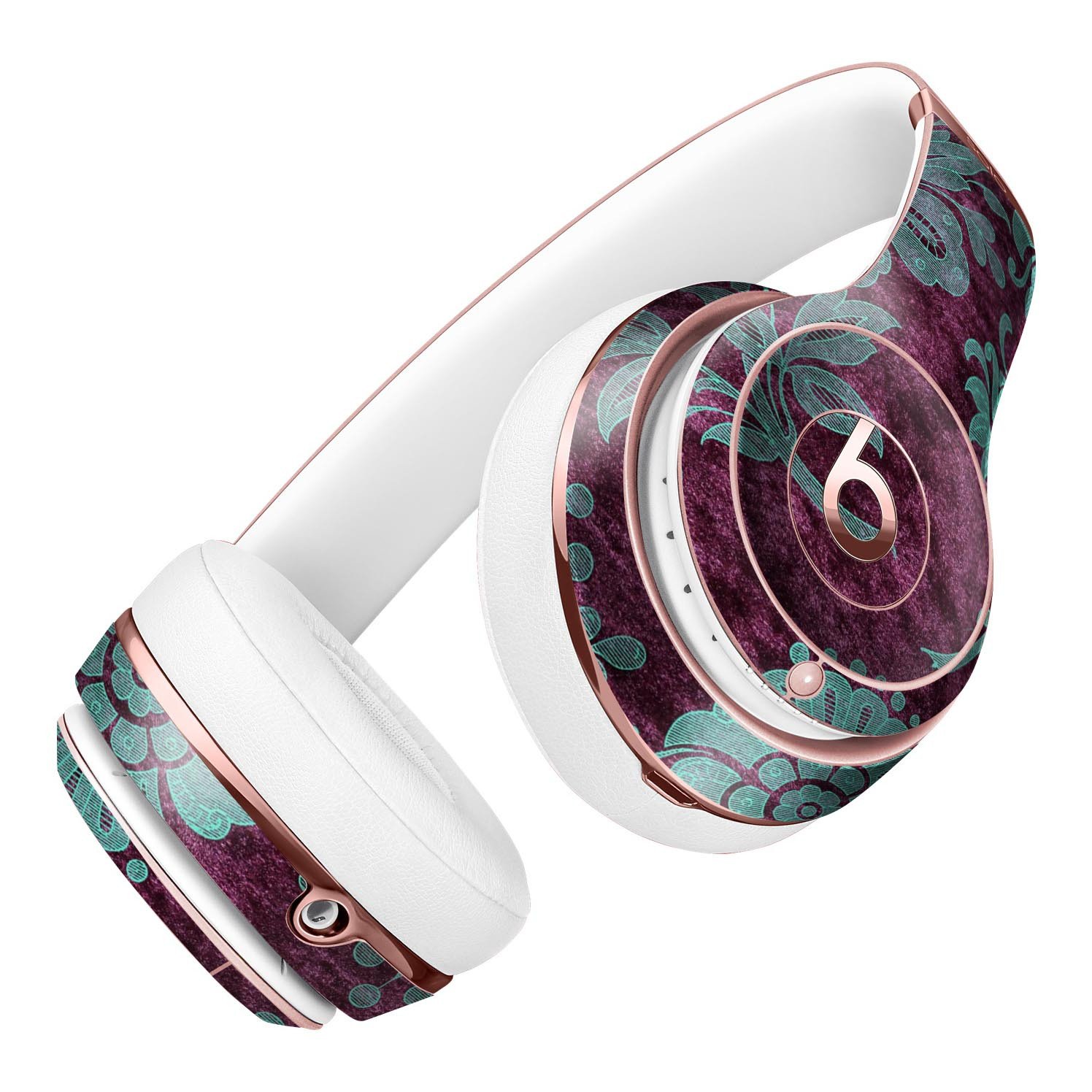 Burgundy and Turquoise Floral Velvet Skin Kit for Beats by Dre Solo 3 Wireless Headphones, showcasing vibrant floral patterns.