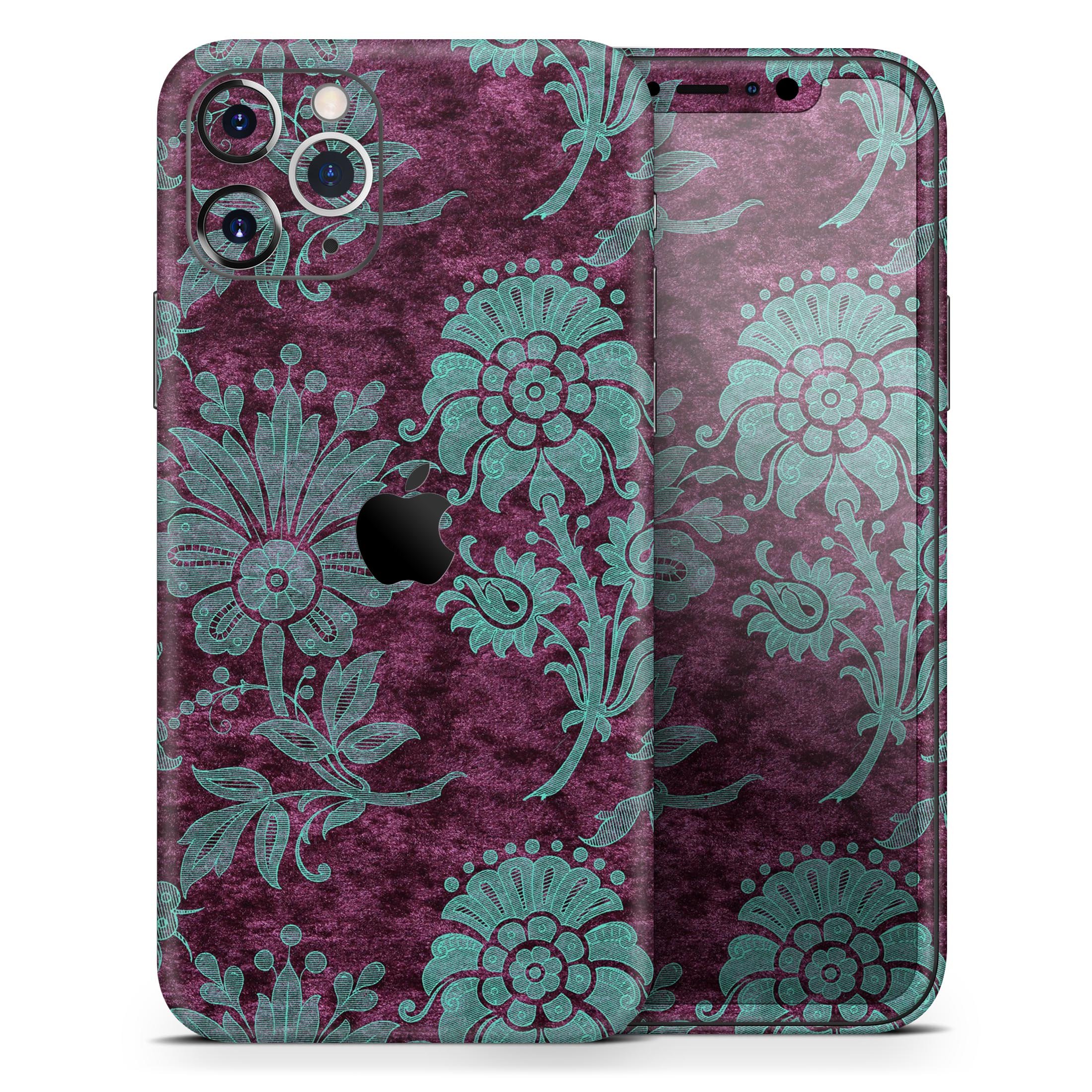 Burgundy and Turquoise Floral Velvet skin for iPhone 11, showcasing vibrant floral patterns on a sleek vinyl surface.